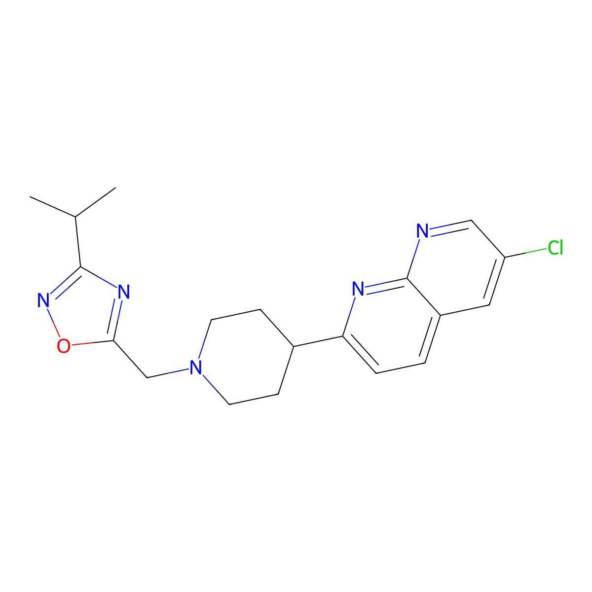 6-Chloro-2-(1-{[3-(propan-2-yl)-1,2,4-oxadiazol-5-yl]methyl}piperidin-4-yl)-1,8-naphthyridine molecular structure, CAS 2742062-47-9