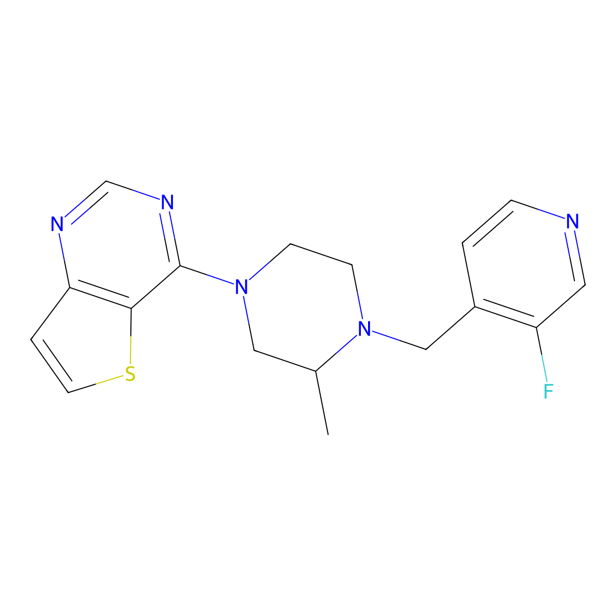 1-[(3-Fluoropyridin-4-yl)methyl]-2-methyl-4-{thieno[3,2-d]pyrimidin-4-yl}piperazine molecular structure, CAS 2742062-48-0