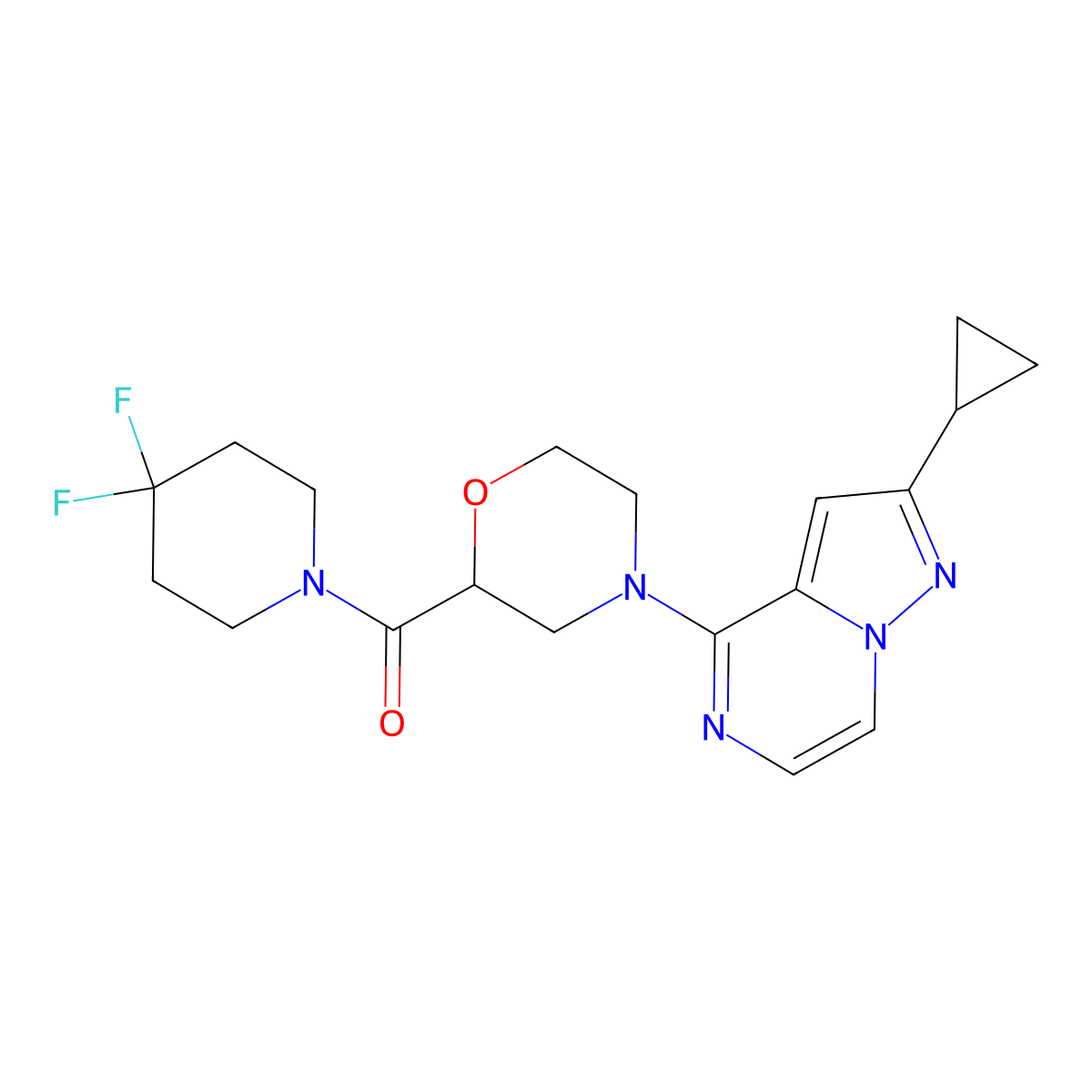 4-{2-Cyclopropylpyrazolo[1,5-a]pyrazin-4-yl}-2-(4,4-difluoropiperidine-1-carbonyl)morpholine molecular structure, CAS 2742062-56-0
