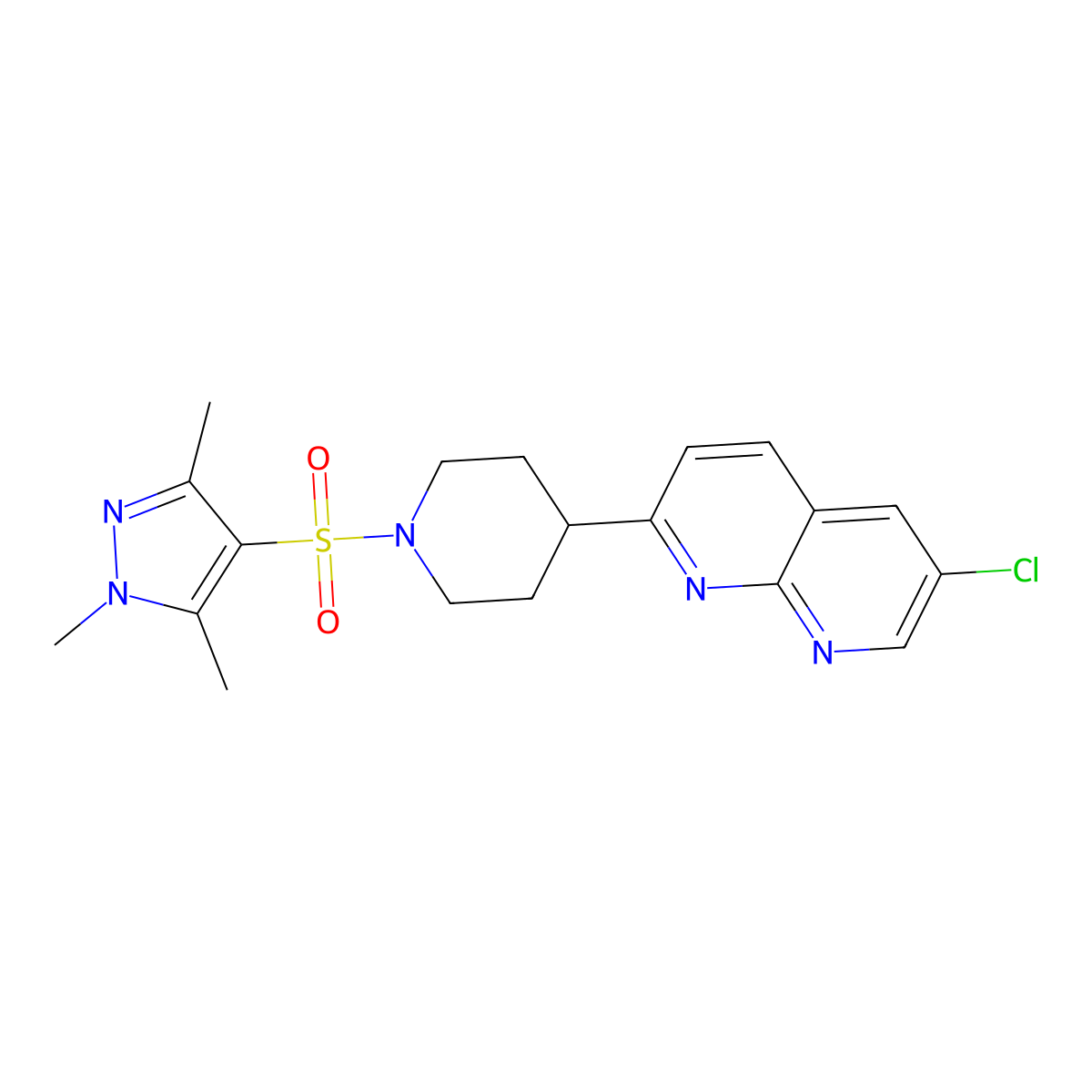 6-chloro-2-{1-[(1,3,5-trimethyl-1H-pyrazol-4-yl)sulfonyl]piperidin-4-yl}-1,8-naphthyridine molecular structure, CAS 2742062-59-3