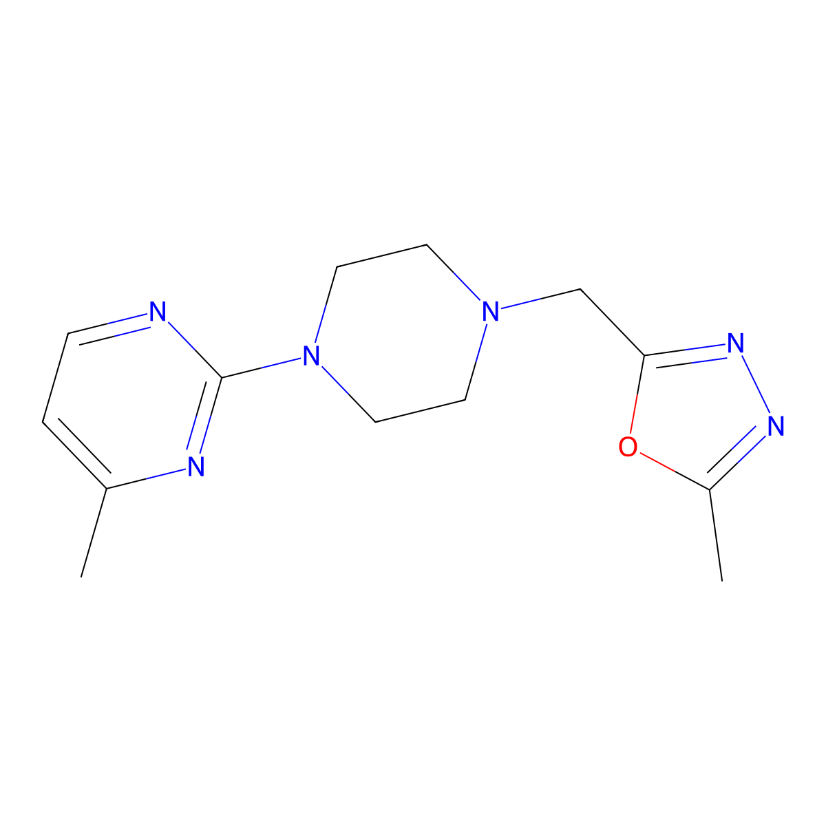 4-Methyl-2-{4-[(5-methyl-1,3,4-oxadiazol-2-yl)methyl]piperazin-1-yl}pyrimidine molecular structure, CAS 2742062-60-6