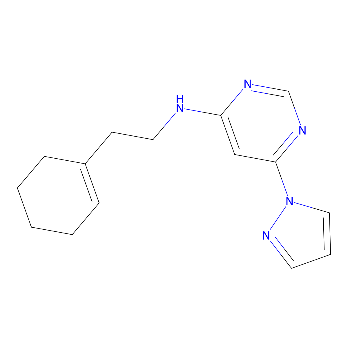 N-[2-(cyclohex-1-en-1-yl)ethyl]-6-(1H-pyrazol-1-yl)pyrimidin-4-amine molecular structure, CAS 2742062-66-2