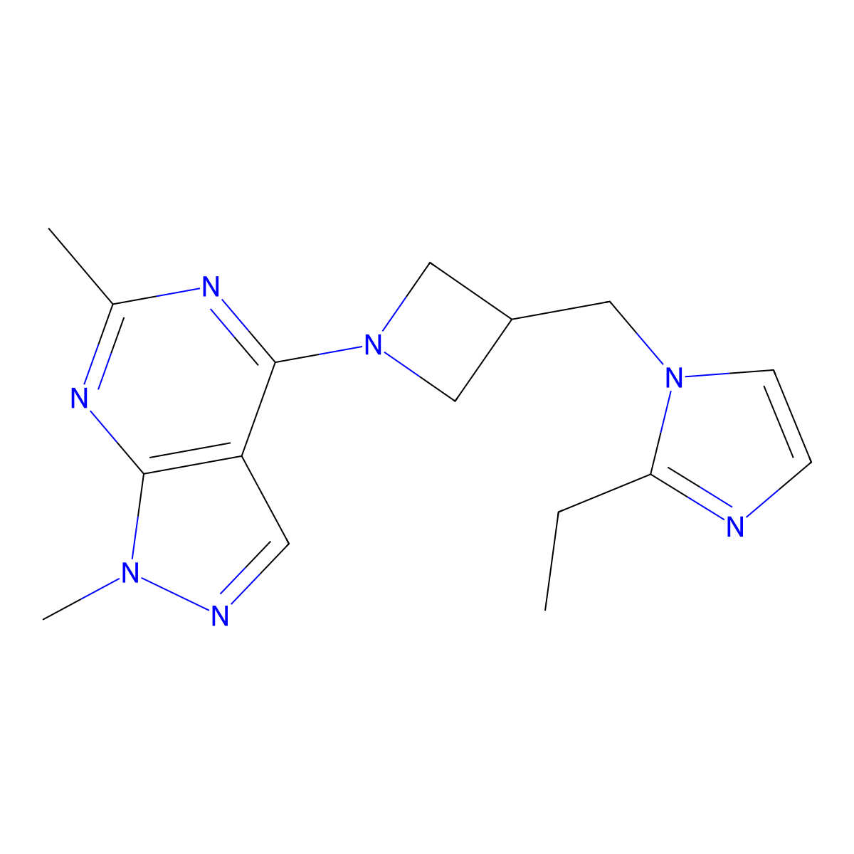 1-[(1-{1,6-dimethyl-1H-pyrazolo[3,4-d]pyrimidin-4-yl}azetidin-3-yl)methyl]-2-ethyl-1H-imidazole molecular structure, CAS 2742062-77-5