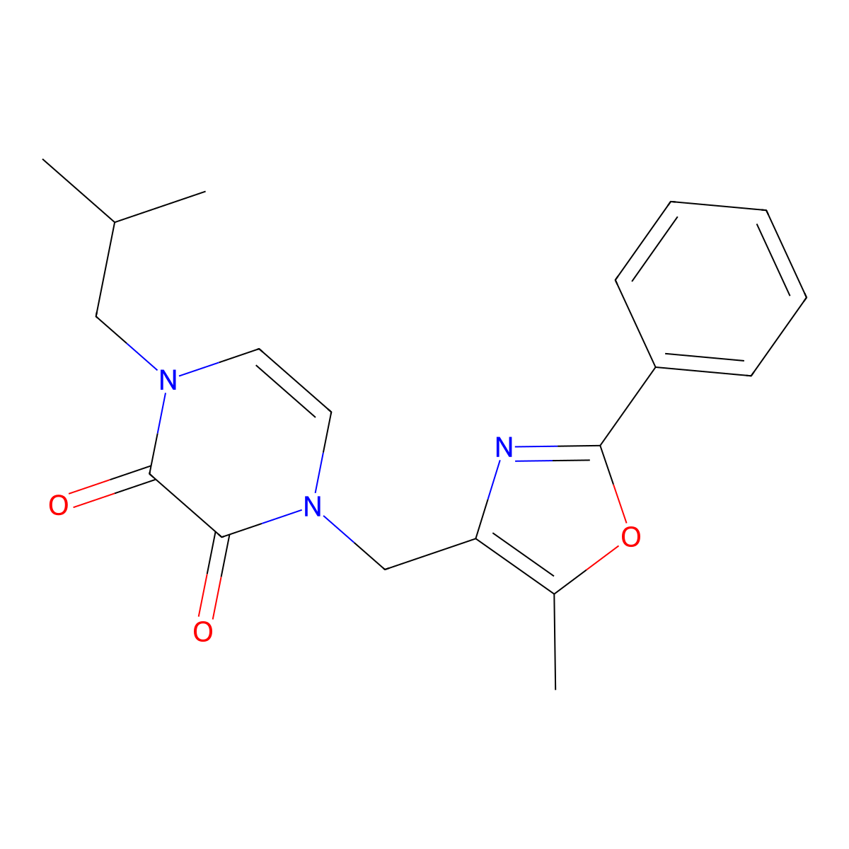 1-[(5-Methyl-2-phenyl-1,3-oxazol-4-yl)methyl]-4-(2-methylpropyl)-1,2,3,4-tetrahydropyrazine-2,3-dione molecular structure, CAS 2742062-88-8