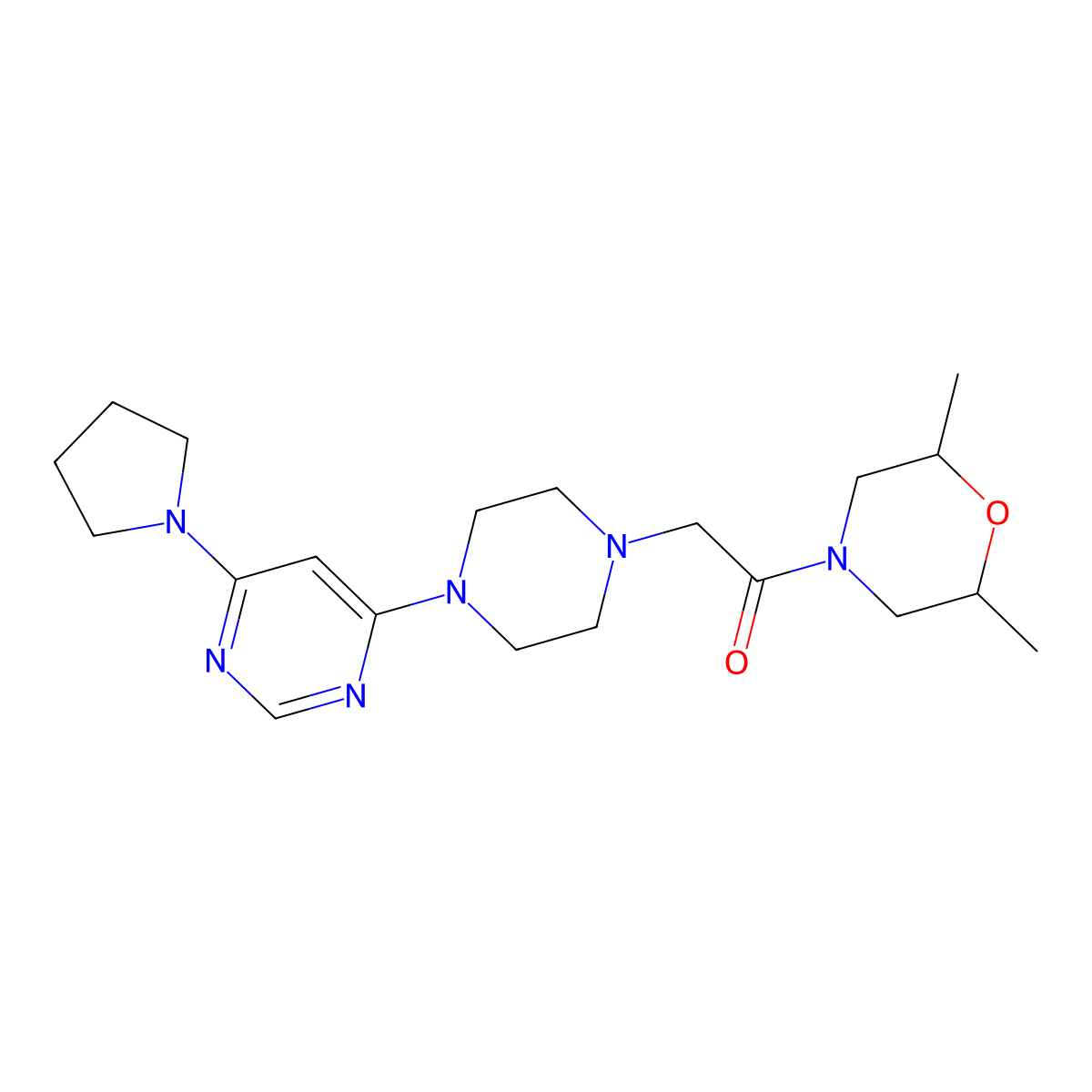 1-(2,6-Dimethylmorpholin-4-yl)-2-{4-[6-(pyrrolidin-1-yl)pyrimidin-4-yl]piperazin-1-yl}ethan-1-one molecular structure, CAS 2742062-92-4