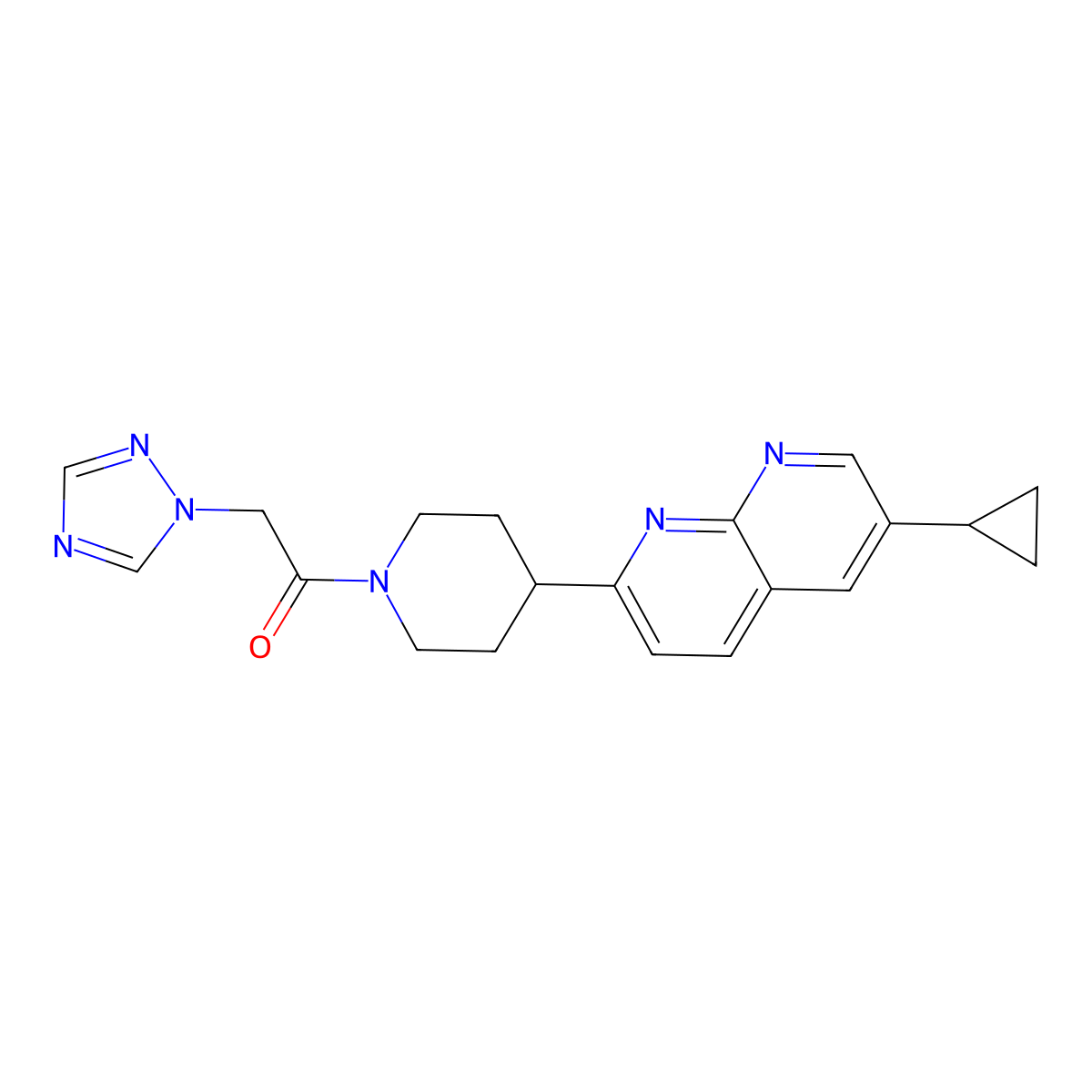 1-[4-(6-cyclopropyl-1,8-naphthyridin-2-yl)piperidin-1-yl]-2-(1H-1,2,4-triazol-1-yl)ethan-1-one molecular structure, CAS 2742062-97-9
