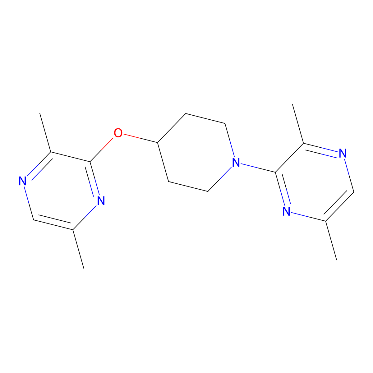 3-{4-[(3,6-Dimethylpyrazin-2-yl)oxy]piperidin-1-yl}-2,5-dimethylpyrazine molecular structure, CAS 2742063-03-0