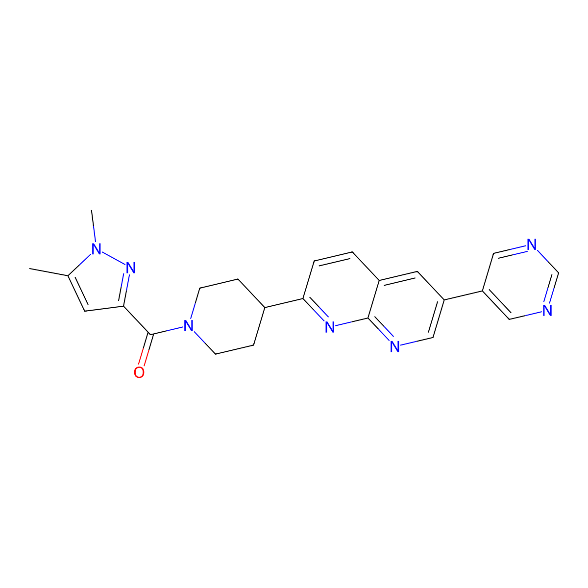 2-[1-(1,5-dimethyl-1H-pyrazole-3-carbonyl)piperidin-4-yl]-6-(pyrimidin-5-yl)-1,8-naphthyridine molecular structure, CAS 2742063-06-3