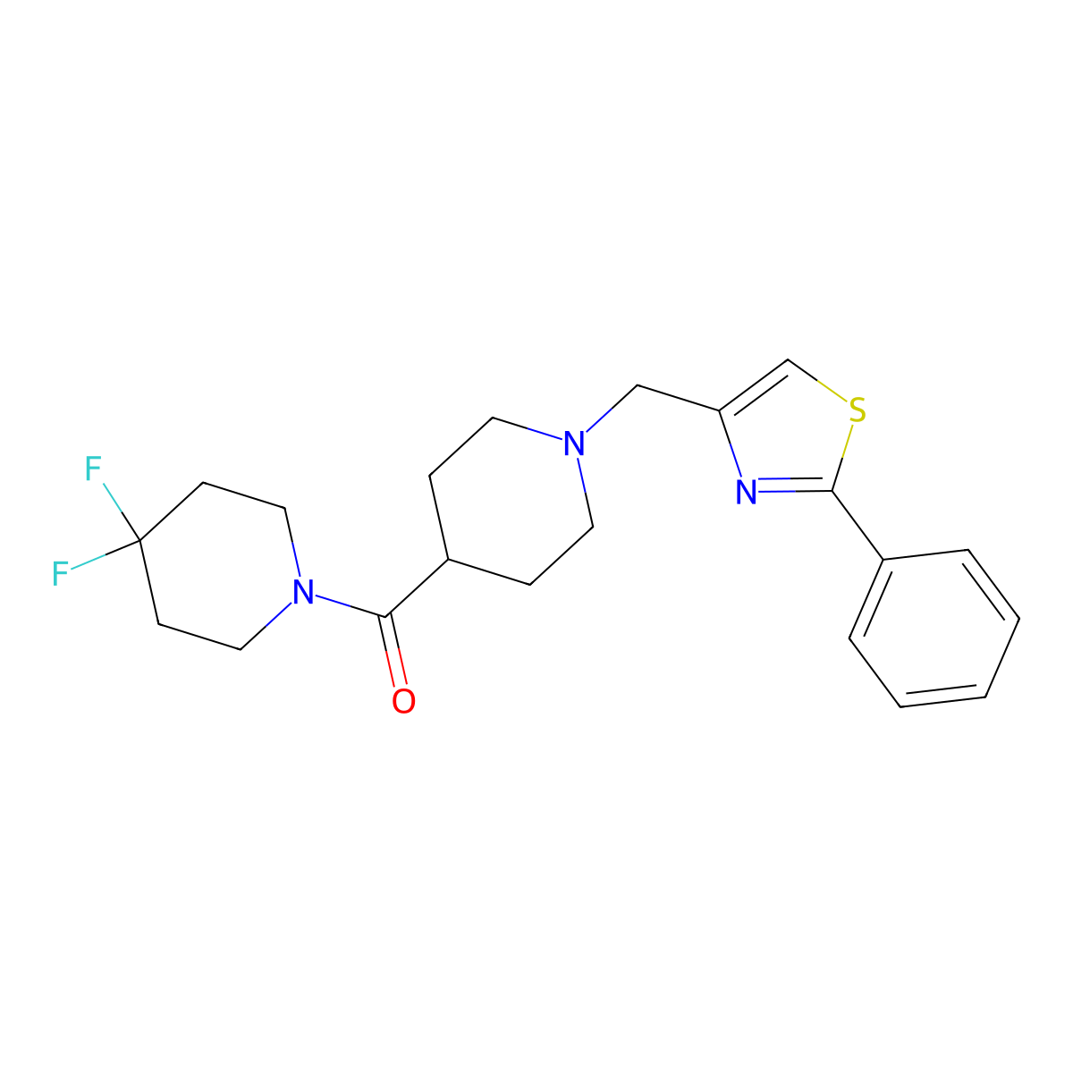 4,4-Difluoro-1-{1-[(2-phenyl-1,3-thiazol-4-yl)methyl]piperidine-4-carbonyl}piperidine molecular structure, CAS 2742063-11-0