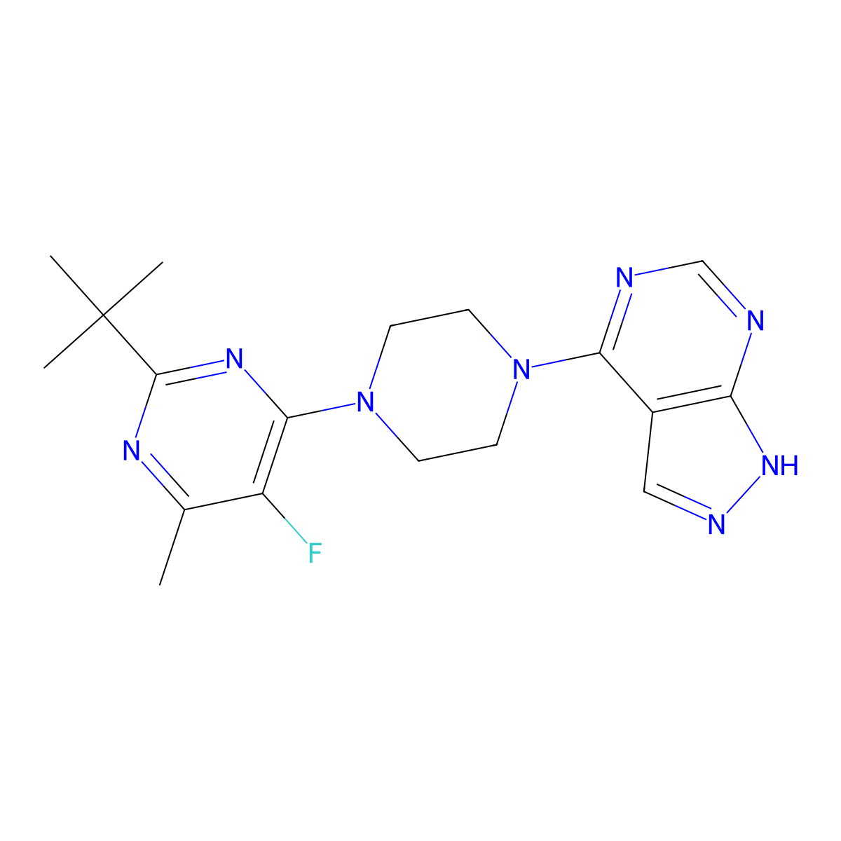 2-tert-butyl-5-fluoro-4-methyl-6-(4-{1H-pyrazolo[3,4-d]pyrimidin-4-yl}piperazin-1-yl)pyrimidine molecular structure, CAS 2742063-14-3