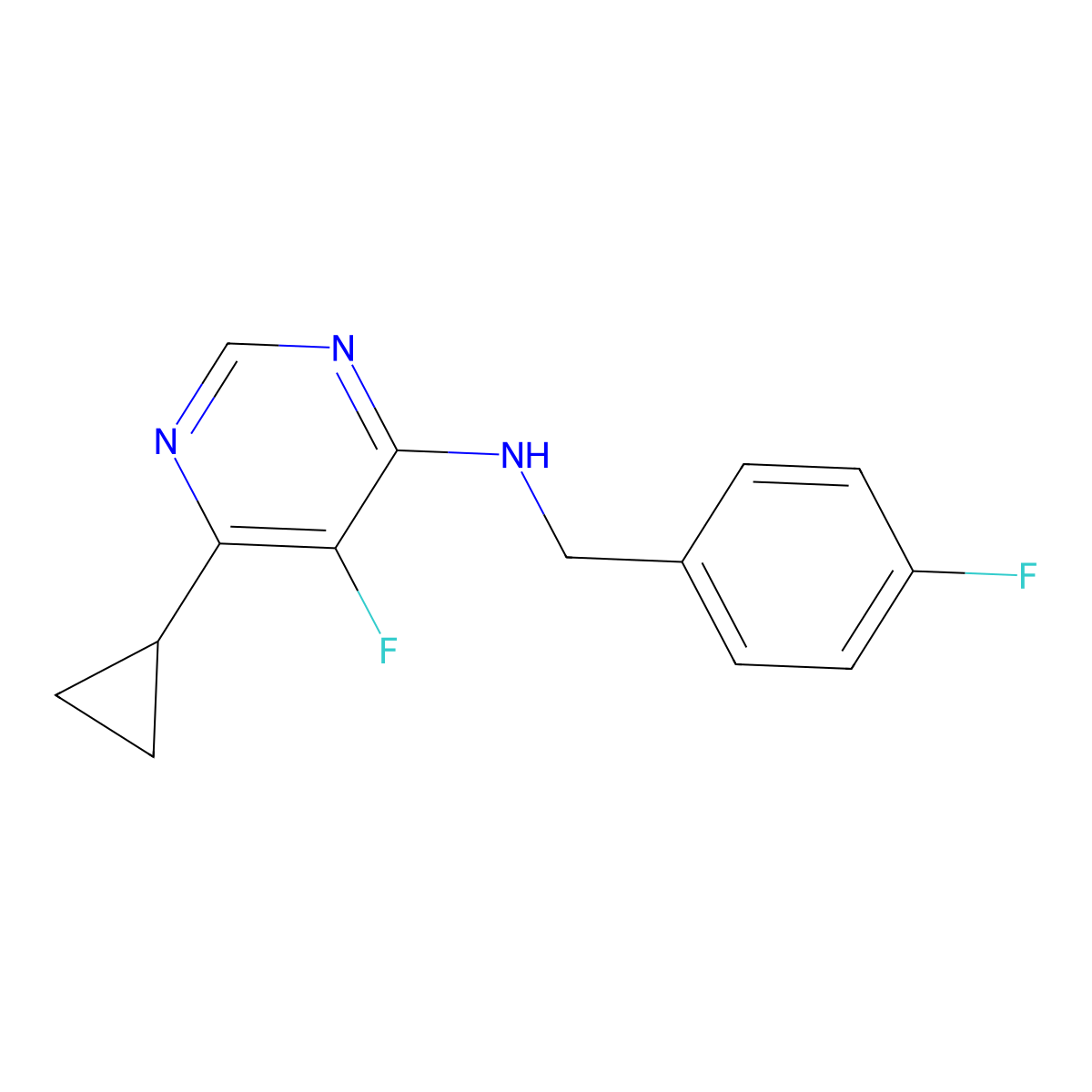 6-cyclopropyl-5-fluoro-N-[(4-fluorophenyl)methyl]pyrimidin-4-amine molecular structure, CAS 2742063-20-1