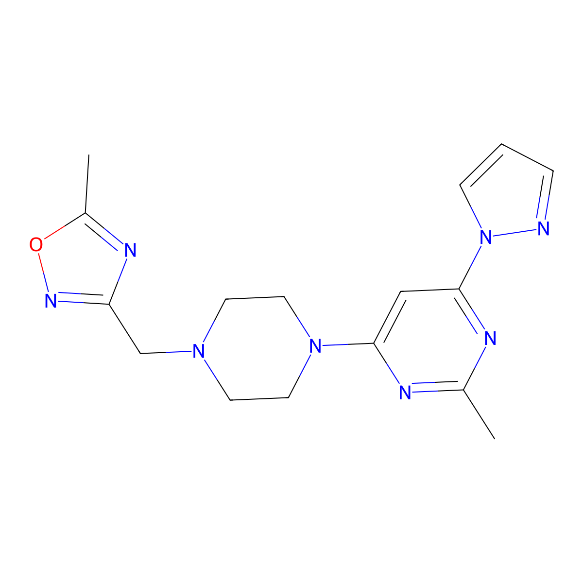 2-methyl-4-{4-[(5-methyl-1,2,4-oxadiazol-3-yl)methyl]piperazin-1-yl}-6-(1H-pyrazol-1-yl)pyrimidine molecular structure, CAS 2742063-28-9