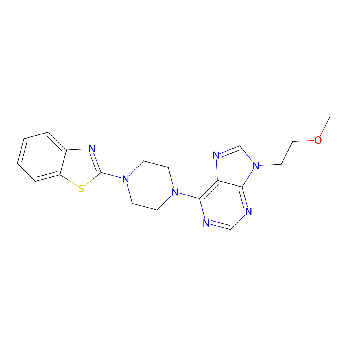 6-[4-(1,3-benzothiazol-2-yl)piperazin-1-yl]-9-(2-methoxyethyl)-9H-purine molecular structure, CAS 2742063-30-3