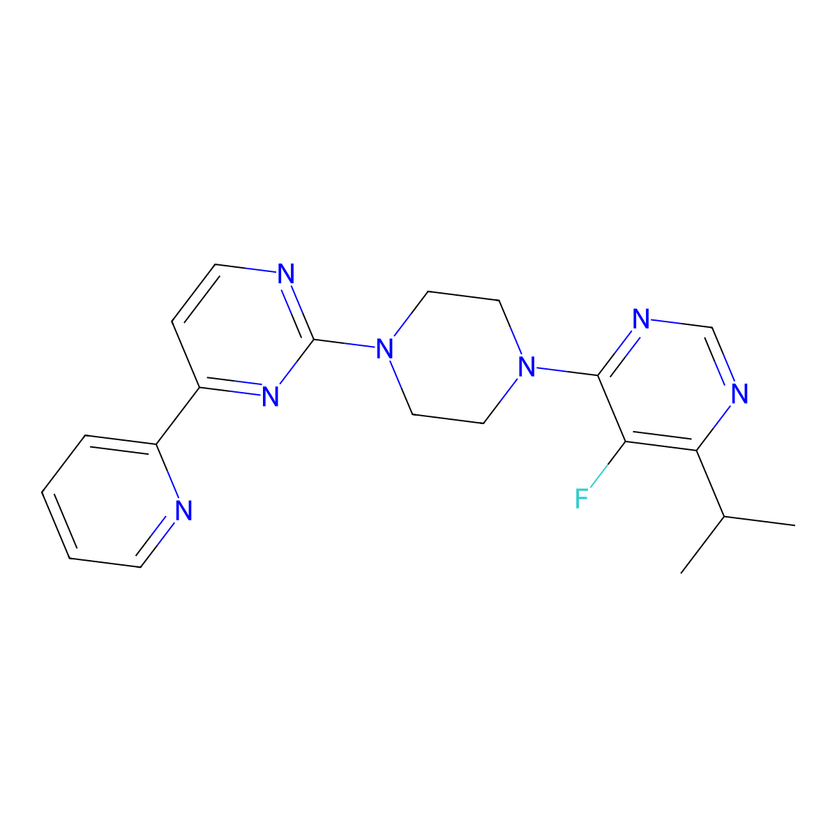 5-Fluoro-4-(propan-2-yl)-6-{4-[4-(pyridin-2-yl)pyrimidin-2-yl]piperazin-1-yl}pyrimidine molecular structure, CAS 2742063-46-1