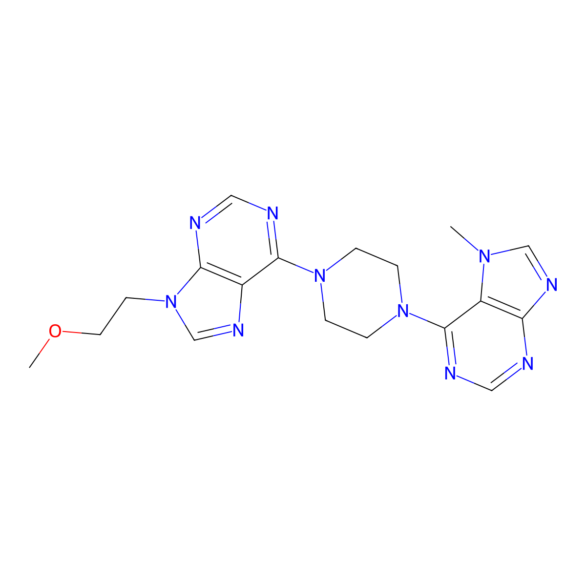 9-(2-methoxyethyl)-6-[4-(7-methyl-7H-purin-6-yl)piperazin-1-yl]-9H-purine molecular structure, CAS 2742063-48-3