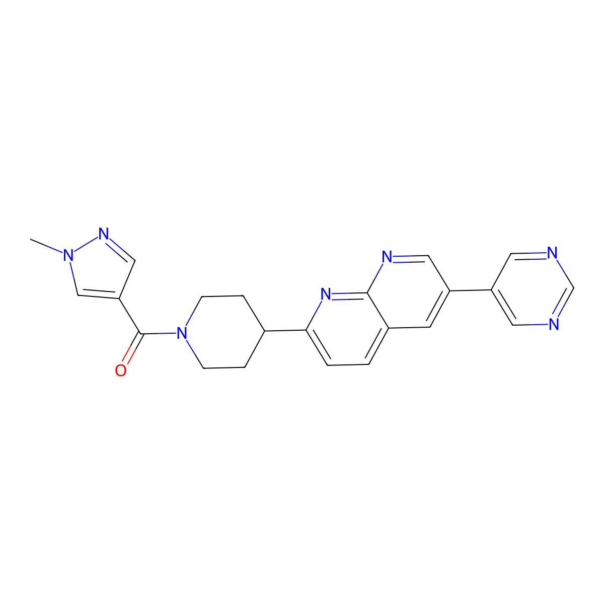 2-[1-(1-methyl-1H-pyrazole-4-carbonyl)piperidin-4-yl]-6-(pyrimidin-5-yl)-1,8-naphthyridine molecular structure, CAS 2742063-56-3