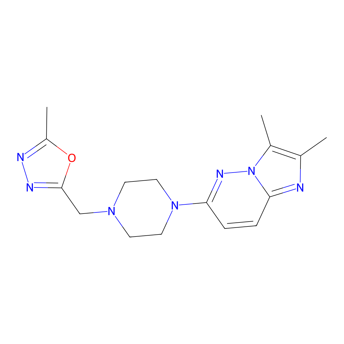 1-{2,3-Dimethylimidazo[1,2-b]pyridazin-6-yl}-4-[(5-methyl-1,3,4-oxadiazol-2-yl)methyl]piperazine molecular structure, CAS 2742063-57-4