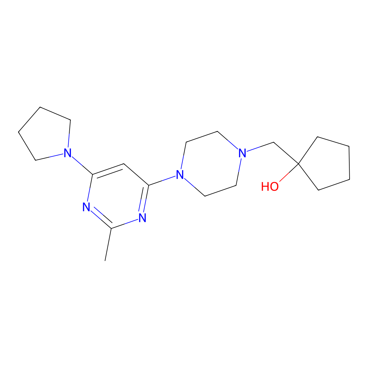 1-({4-[2-Methyl-6-(pyrrolidin-1-yl)pyrimidin-4-yl]piperazin-1-yl}methyl)cyclopentan-1-ol molecular structure, CAS 2742063-58-5