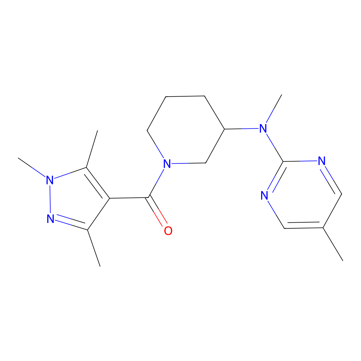 N,5-dimethyl-N-[1-(1,3,5-trimethyl-1H-pyrazole-4-carbonyl)piperidin-3-yl]pyrimidin-2-amine molecular structure, CAS 2742063-60-9