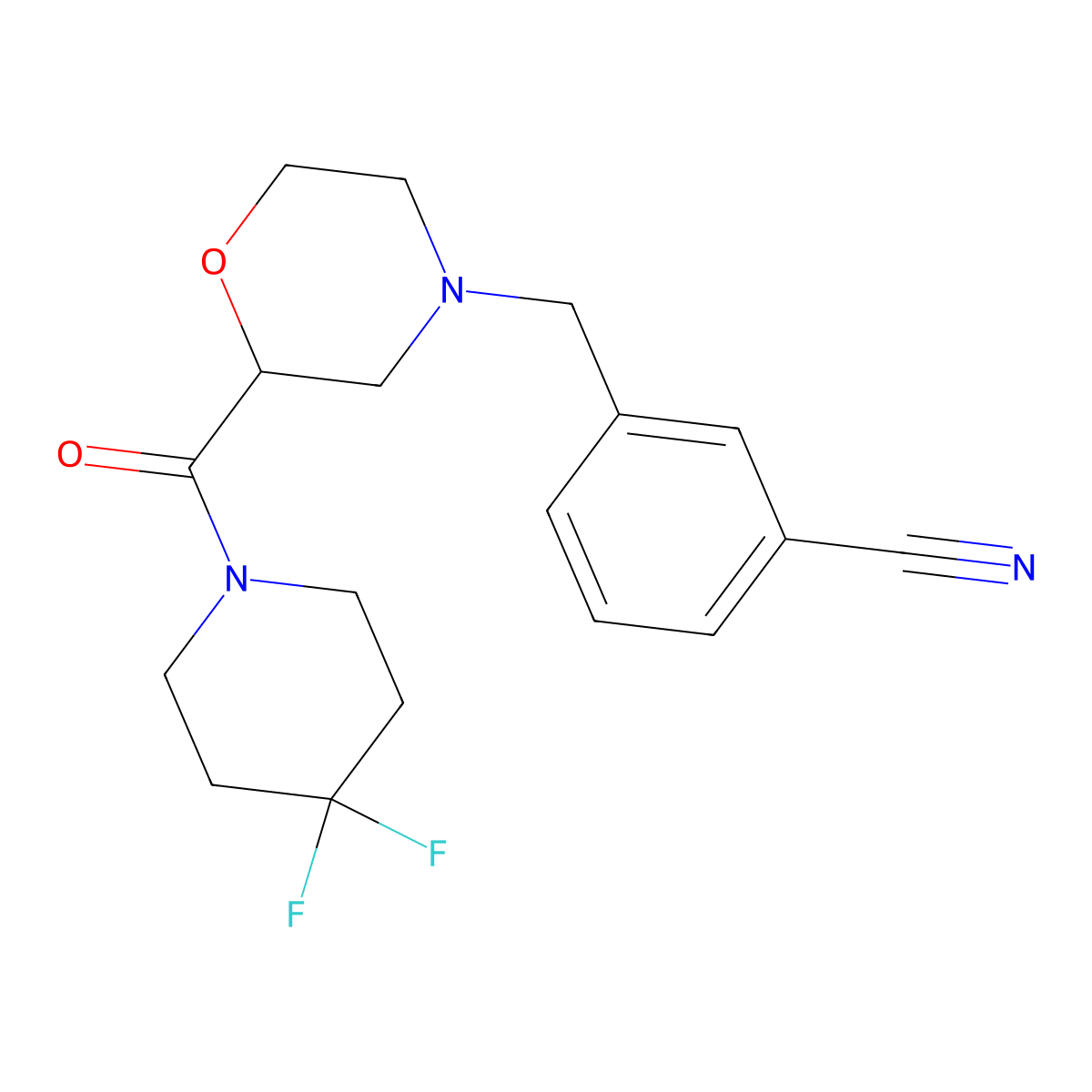 3-{[2-(4,4-Difluoropiperidine-1-carbonyl)morpholin-4-yl]methyl}benzonitrile molecular structure, CAS 2742063-68-7