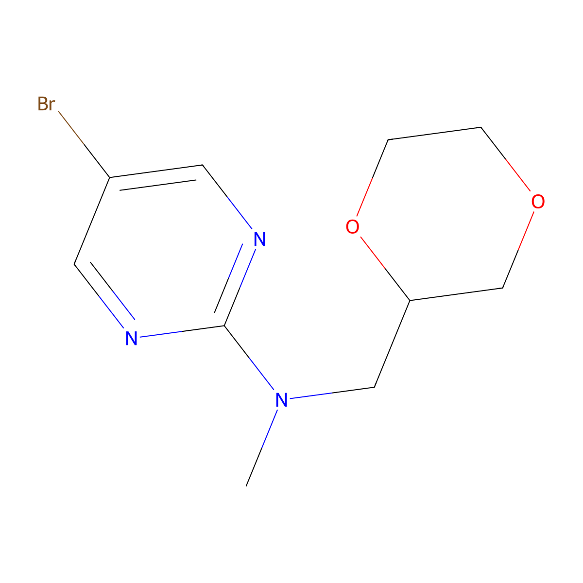 5-bromo-N-[(1,4-dioxan-2-yl)methyl]-N-methylpyrimidin-2-amine molecular structure, CAS 2742063-85-8