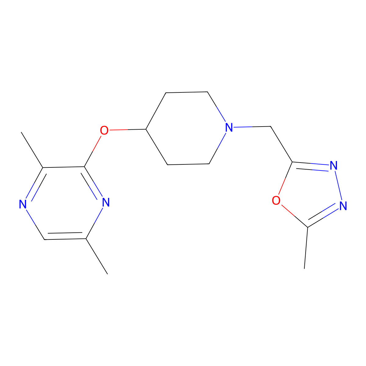 2,5-Dimethyl-3-({1-[(5-methyl-1,3,4-oxadiazol-2-yl)methyl]piperidin-4-yl}oxy)pyrazine molecular structure, CAS 2742063-89-2