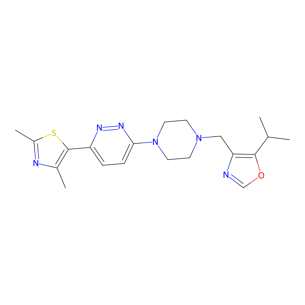 3-(2,4-Dimethyl-1,3-thiazol-5-yl)-6-(4-{[5-(propan-2-yl)-1,3-oxazol-4-yl]methyl}piperazin-1-yl)pyridazine molecular structure, CAS 2742064-06-6
