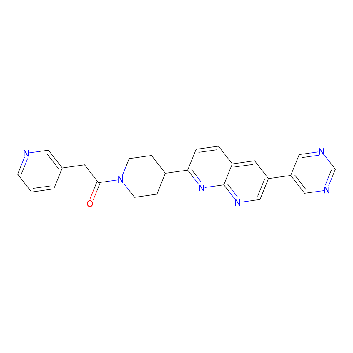 2-(Pyridin-3-yl)-1-{4-[6-(pyrimidin-5-yl)-1,8-naphthyridin-2-yl]piperidin-1-yl}ethan-1-one molecular structure, CAS 2742064-09-9