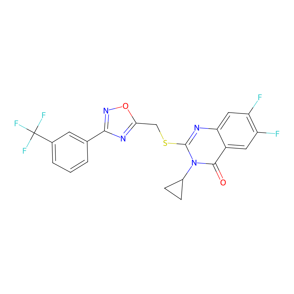 3-Cyclopropyl-6,7-difluoro-2-[({3-[3-(trifluoromethyl)phenyl]-1,2,4-oxadiazol-5-yl}methyl)sulfanyl]-3,4-dihydroquinazolin-4-one molecular structure, CAS 2742064-15-7