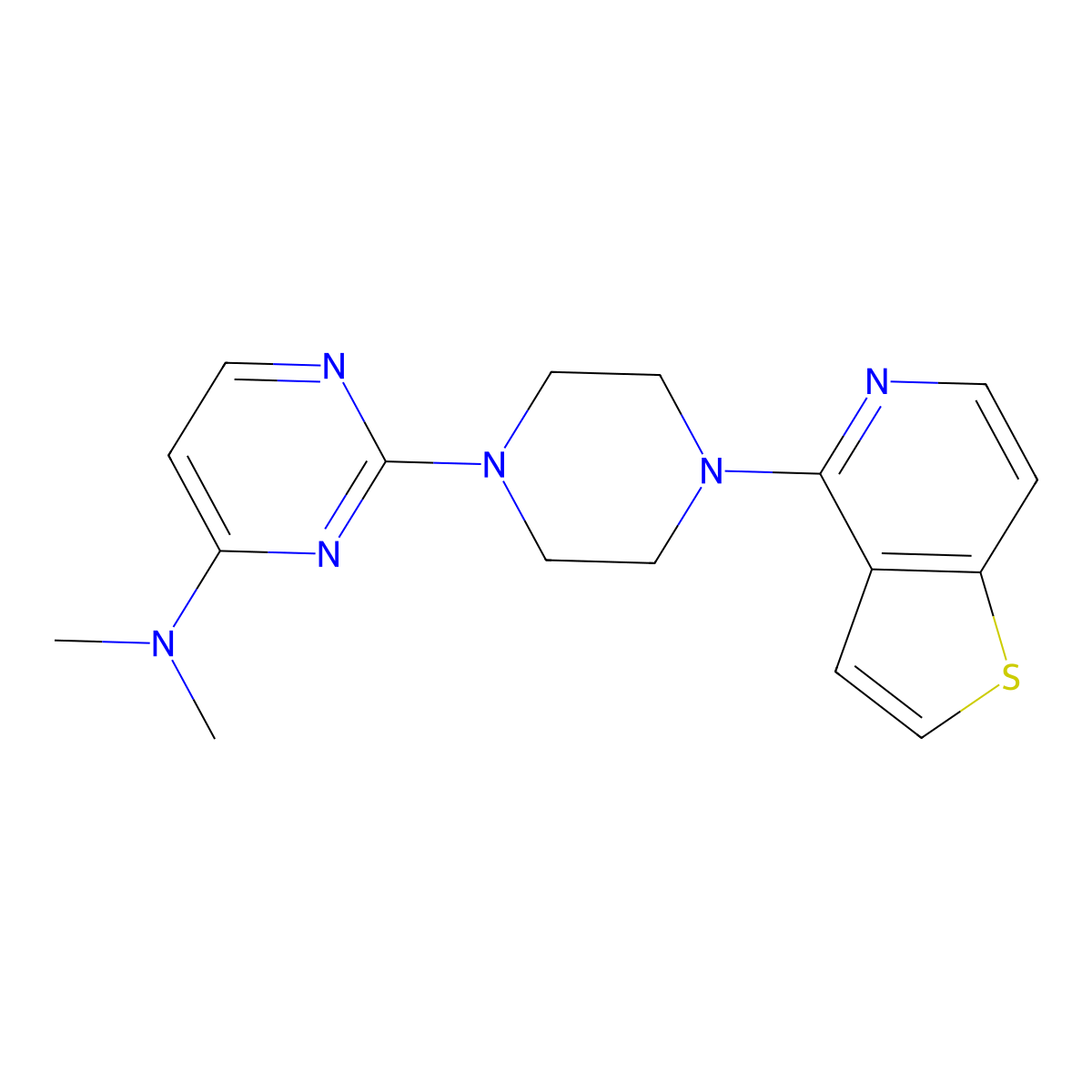 N,N-dimethyl-2-(4-{thieno[3,2-c]pyridin-4-yl}piperazin-1-yl)pyrimidin-4-amine molecular structure, CAS 2742064-16-8