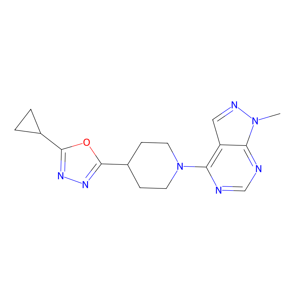 4-(5-cyclopropyl-1,3,4-oxadiazol-2-yl)-1-{1-methyl-1H-pyrazolo[3,4-d]pyrimidin-4-yl}piperidine molecular structure, CAS 2742064-18-0