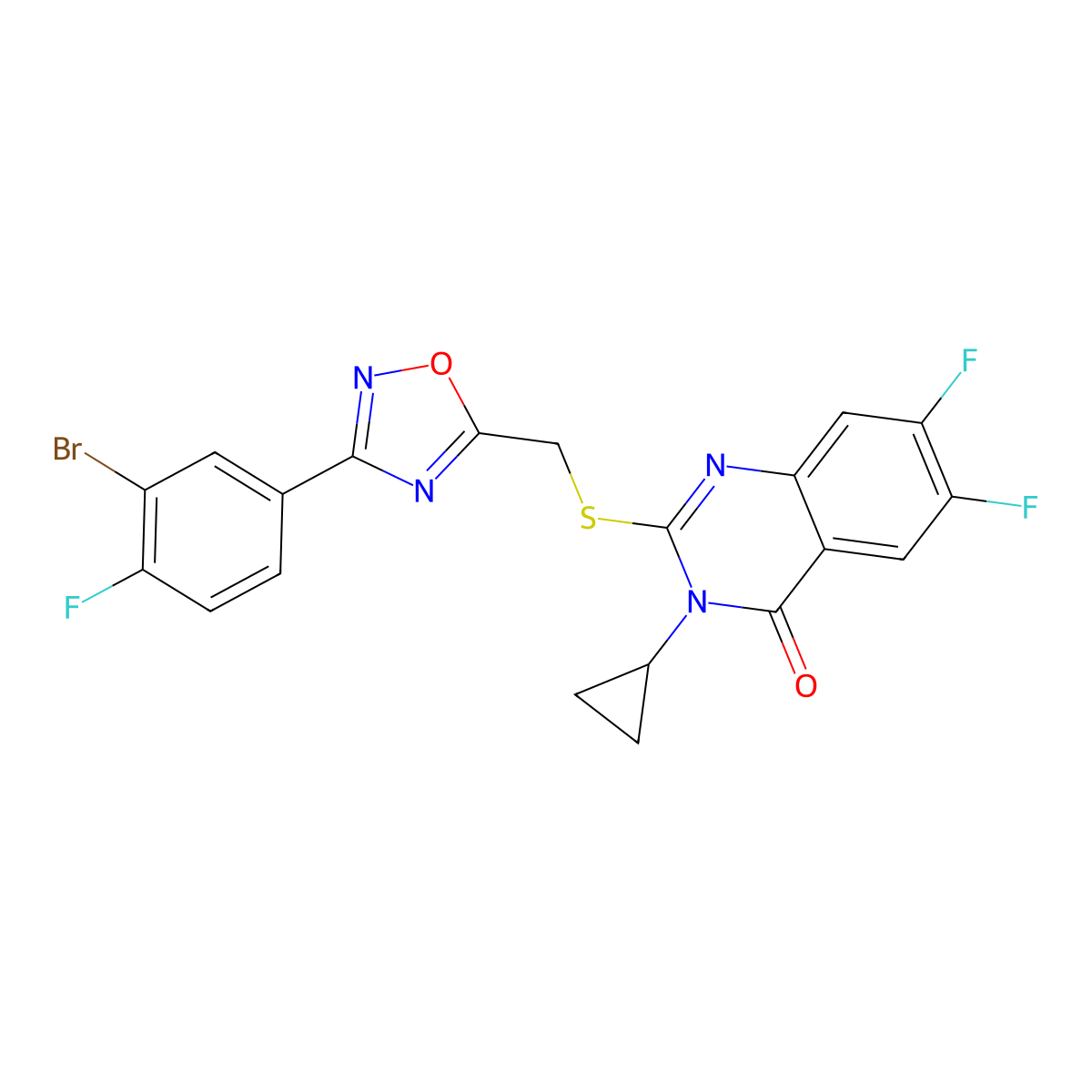 2-({[3-(3-Bromo-4-fluorophenyl)-1,2,4-oxadiazol-5-yl]methyl}sulfanyl)-3-cyclopropyl-6,7-difluoro-3,4-dihydroquinazolin-4-one molecular structure, CAS 2742064-23-7