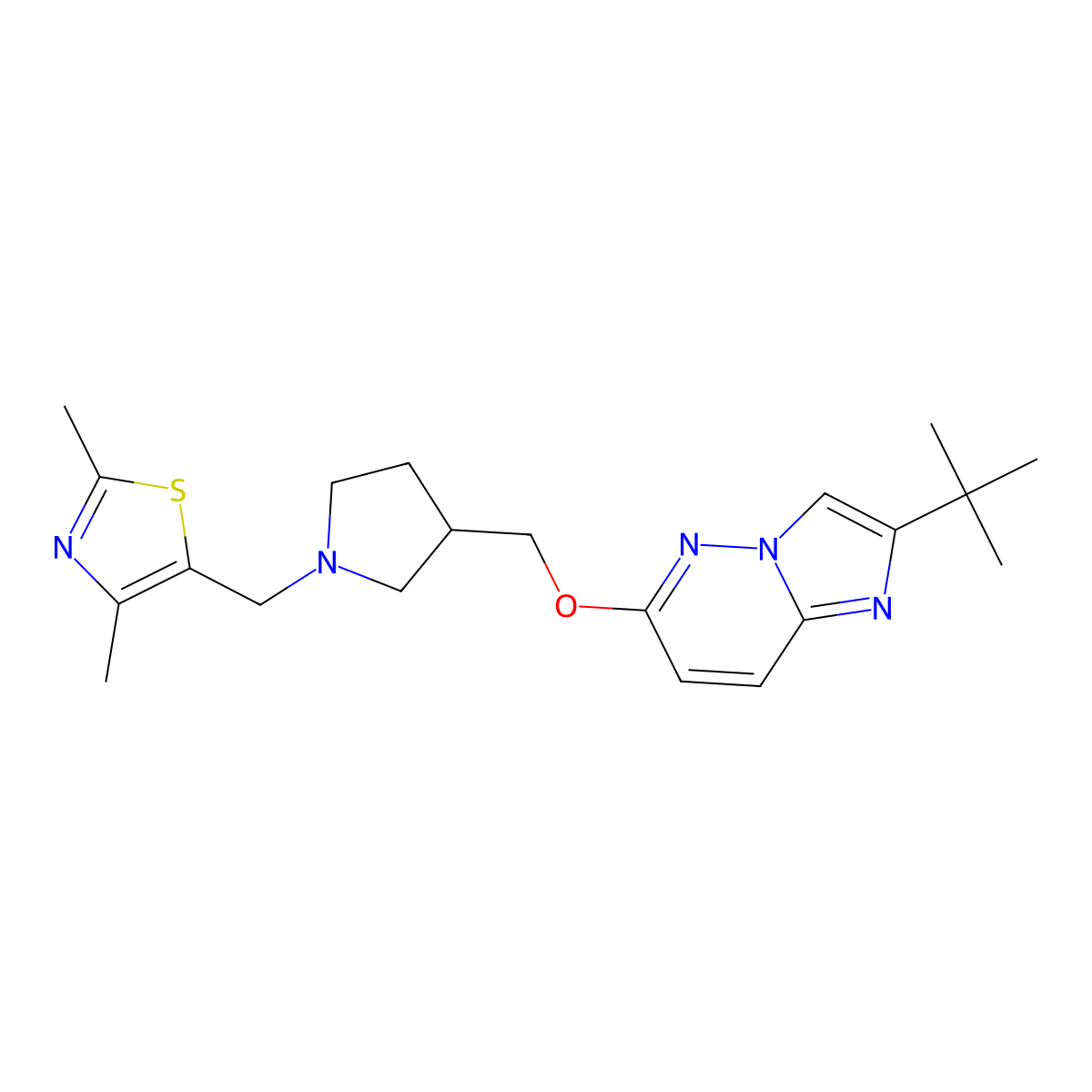 5-({3-[({2-Tert-butylimidazo[1,2-b]pyridazin-6-yl}oxy)methyl]pyrrolidin-1-yl}methyl)-2,4-dimethyl-1,3-thiazole molecular structure, CAS 2742064-33-9