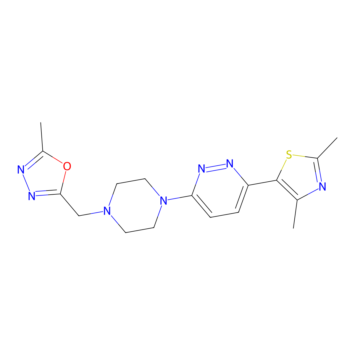 3-(2,4-Dimethyl-1,3-thiazol-5-yl)-6-{4-[(5-methyl-1,3,4-oxadiazol-2-yl)methyl]piperazin-1-yl}pyridazine molecular structure, CAS 2742064-34-0