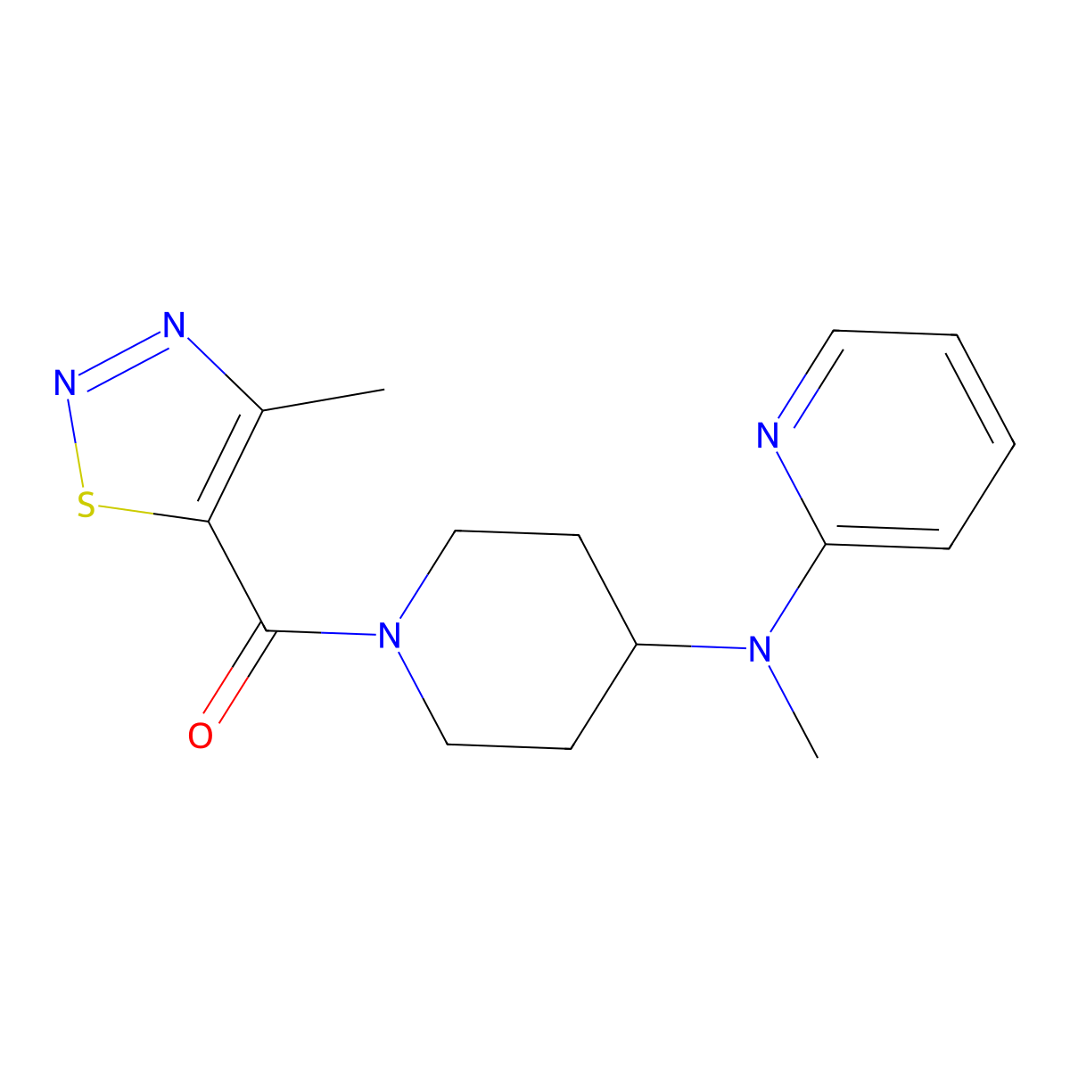 N-methyl-N-[1-(4-methyl-1,2,3-thiadiazole-5-carbonyl)piperidin-4-yl]pyridin-2-amine molecular structure, CAS 2742064-35-1