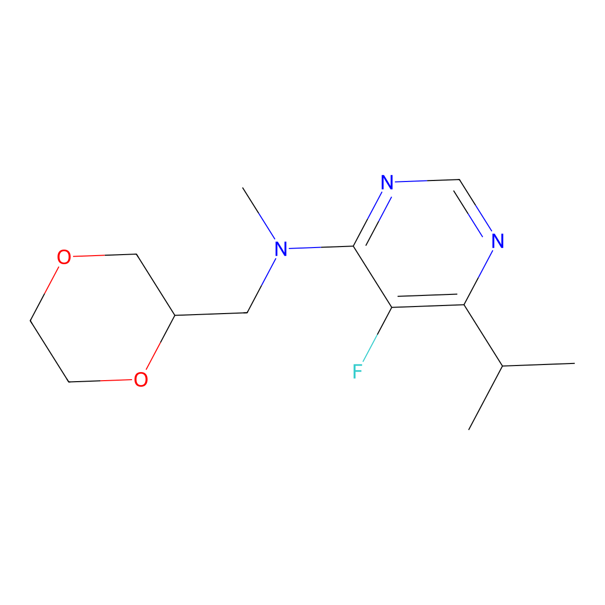 N-[(1,4-dioxan-2-yl)methyl]-5-fluoro-N-methyl-6-(propan-2-yl)pyrimidin-4-amine molecular structure, CAS 2742064-36-2