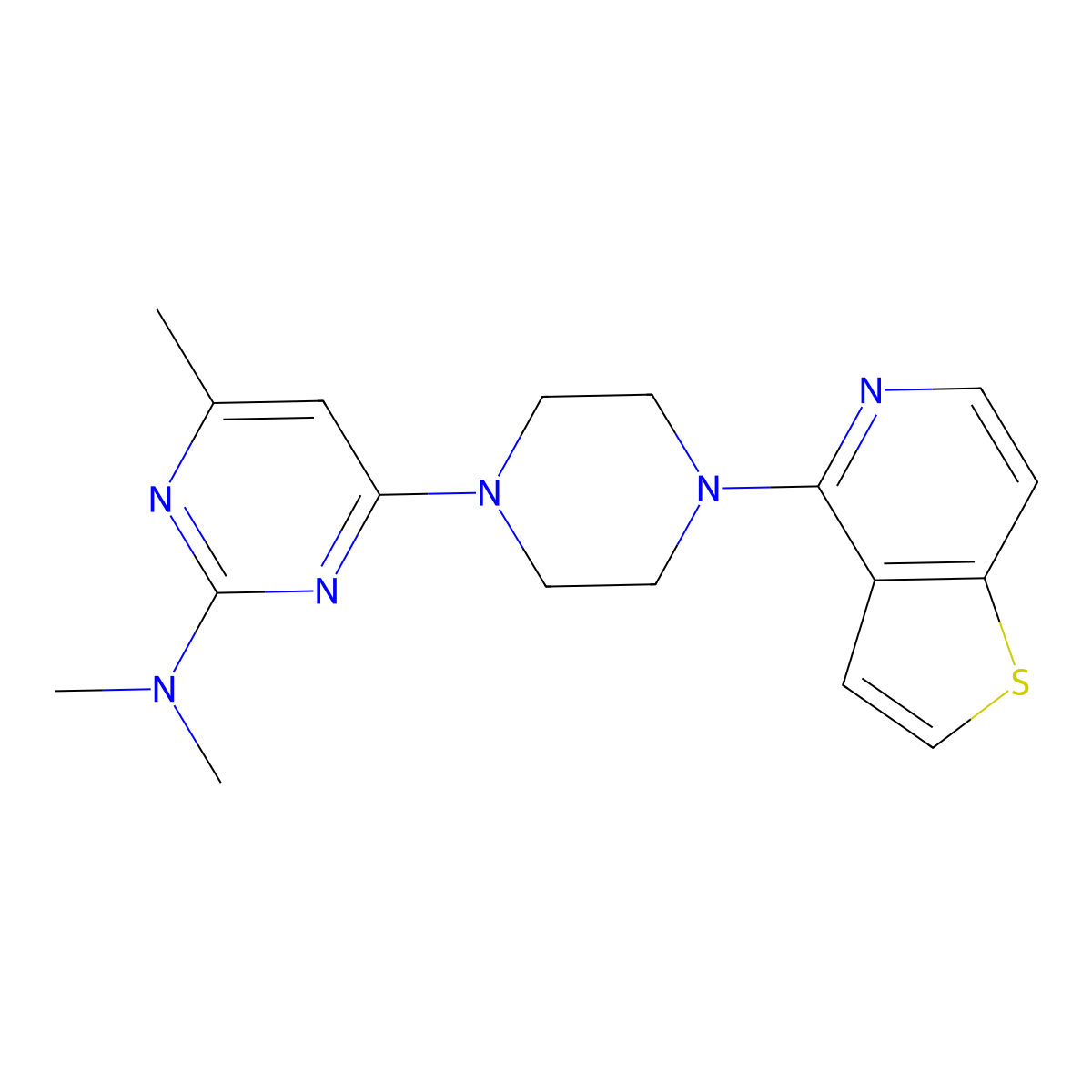 N,N,4-trimethyl-6-(4-{thieno[3,2-c]pyridin-4-yl}piperazin-1-yl)pyrimidin-2-amine molecular structure, CAS 2742064-37-3