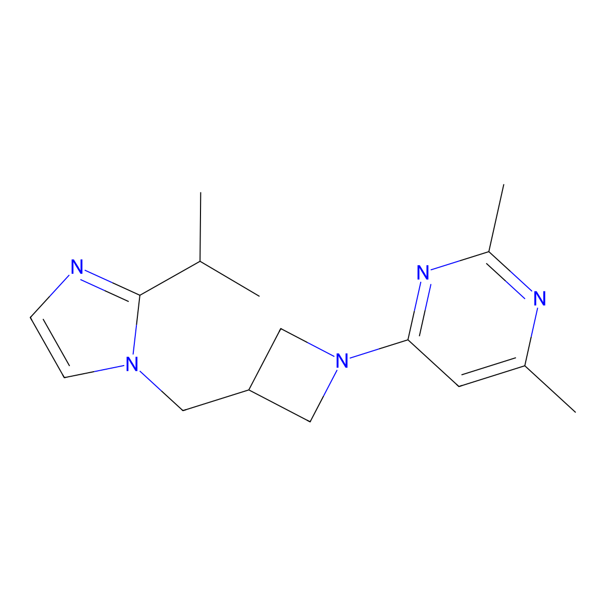 2,4-dimethyl-6-(3-{[2-(propan-2-yl)-1H-imidazol-1-yl]methyl}azetidin-1-yl)pyrimidine molecular structure, CAS 2742064-38-4