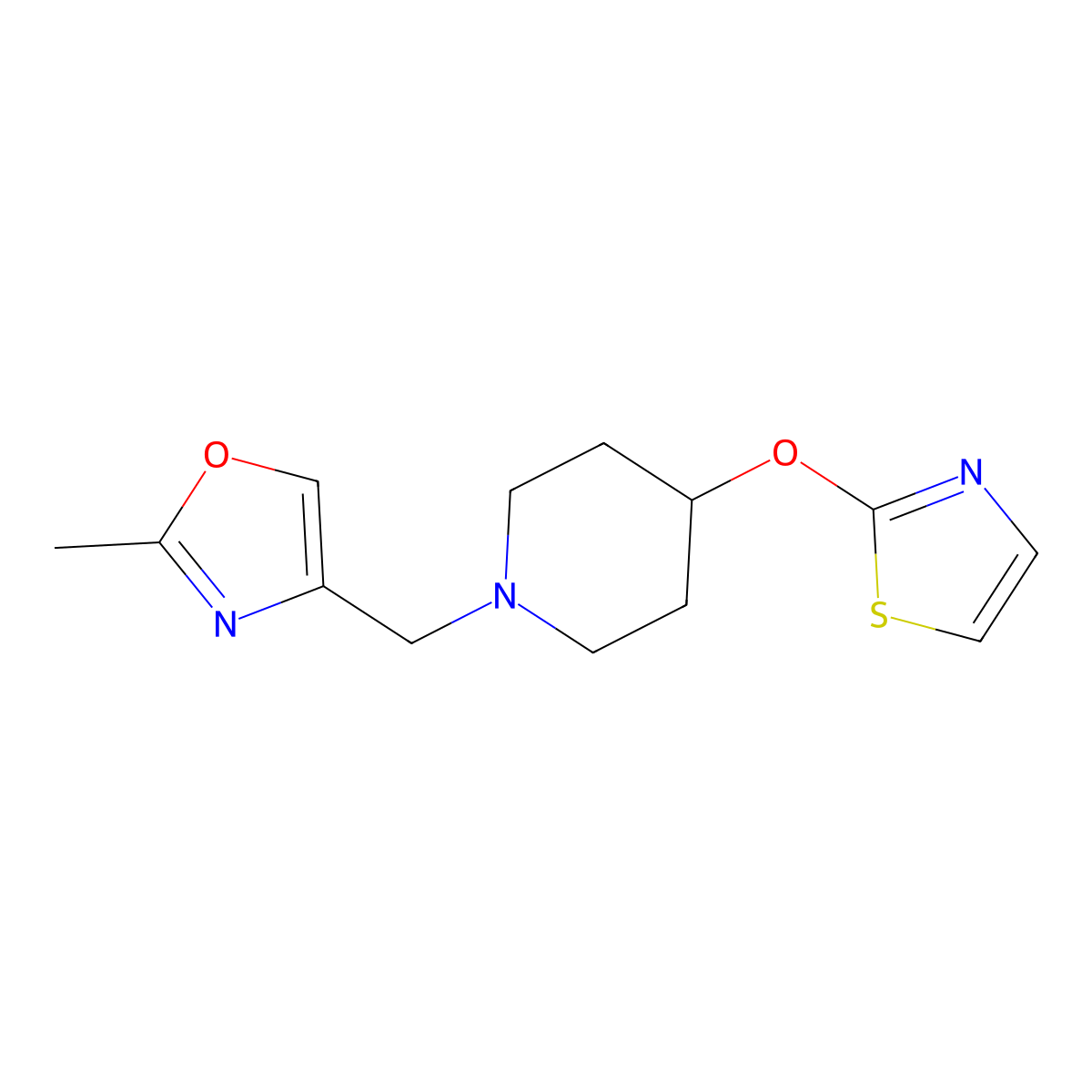 1-[(2-Methyl-1,3-oxazol-4-yl)methyl]-4-(1,3-thiazol-2-yloxy)piperidine molecular structure, CAS 2742064-43-1