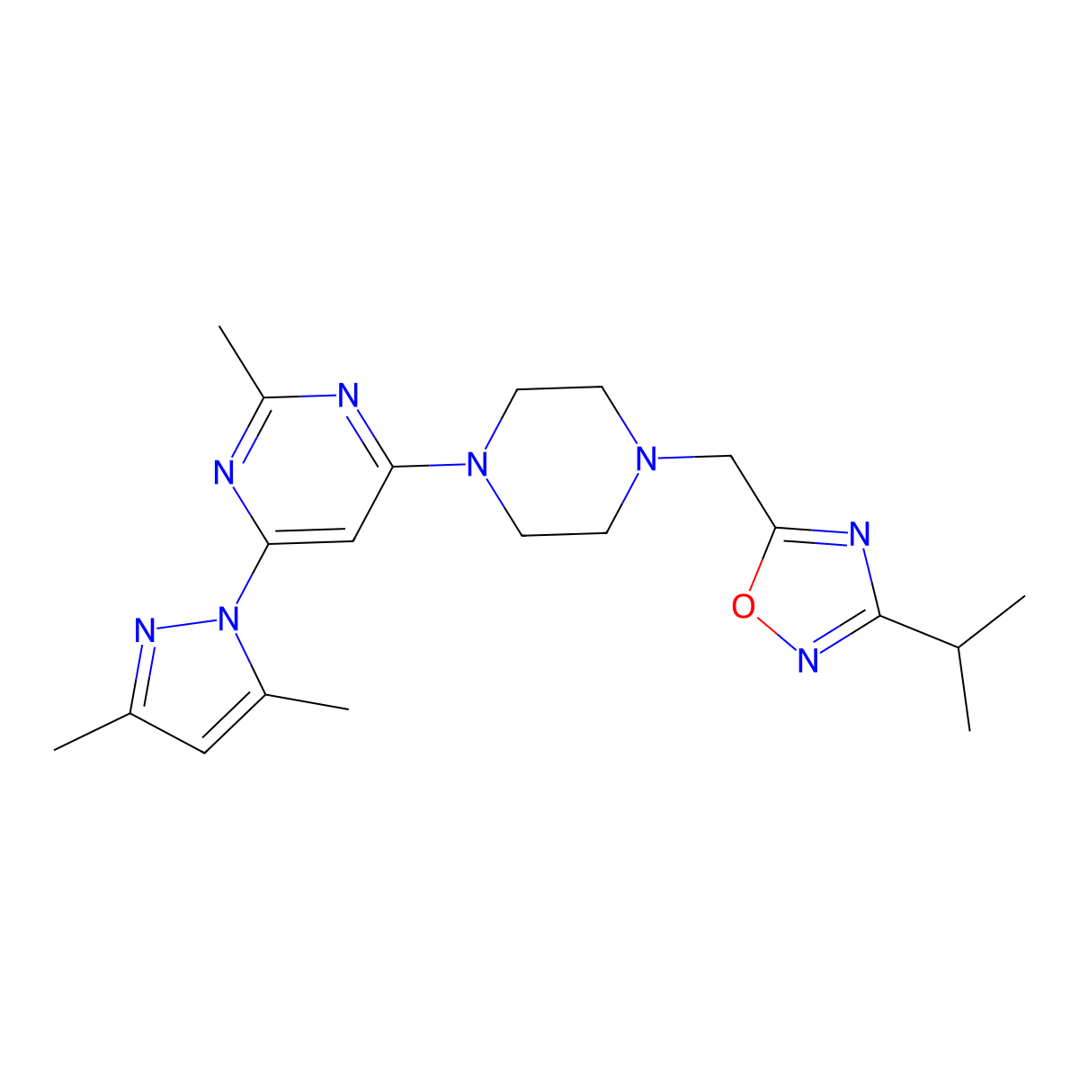 4-(3,5-dimethyl-1H-pyrazol-1-yl)-2-methyl-6-(4-{[3-(propan-2-yl)-1,2,4-oxadiazol-5-yl]methyl}piperazin-1-yl)pyrimidine molecular structure, CAS 2742064-45-3