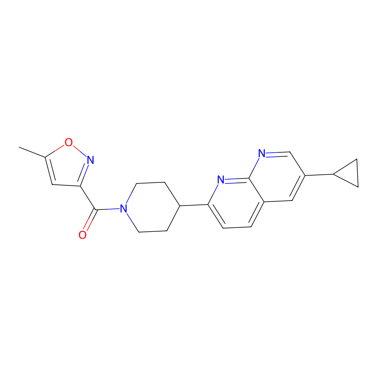 6-Cyclopropyl-2-[1-(5-methyl-1,2-oxazole-3-carbonyl)piperidin-4-yl]-1,8-naphthyridine molecular structure, CAS 2742064-52-2