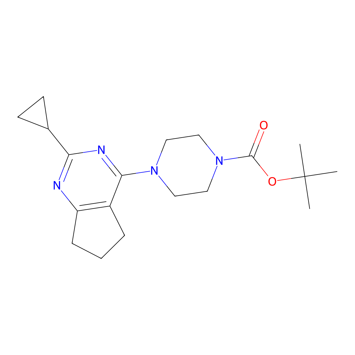 tert-butyl 4-{2-cyclopropyl-5H,6H,7H-cyclopenta[d]pyrimidin-4-yl}piperazine-1-carboxylate molecular structure, CAS 2742064-62-4