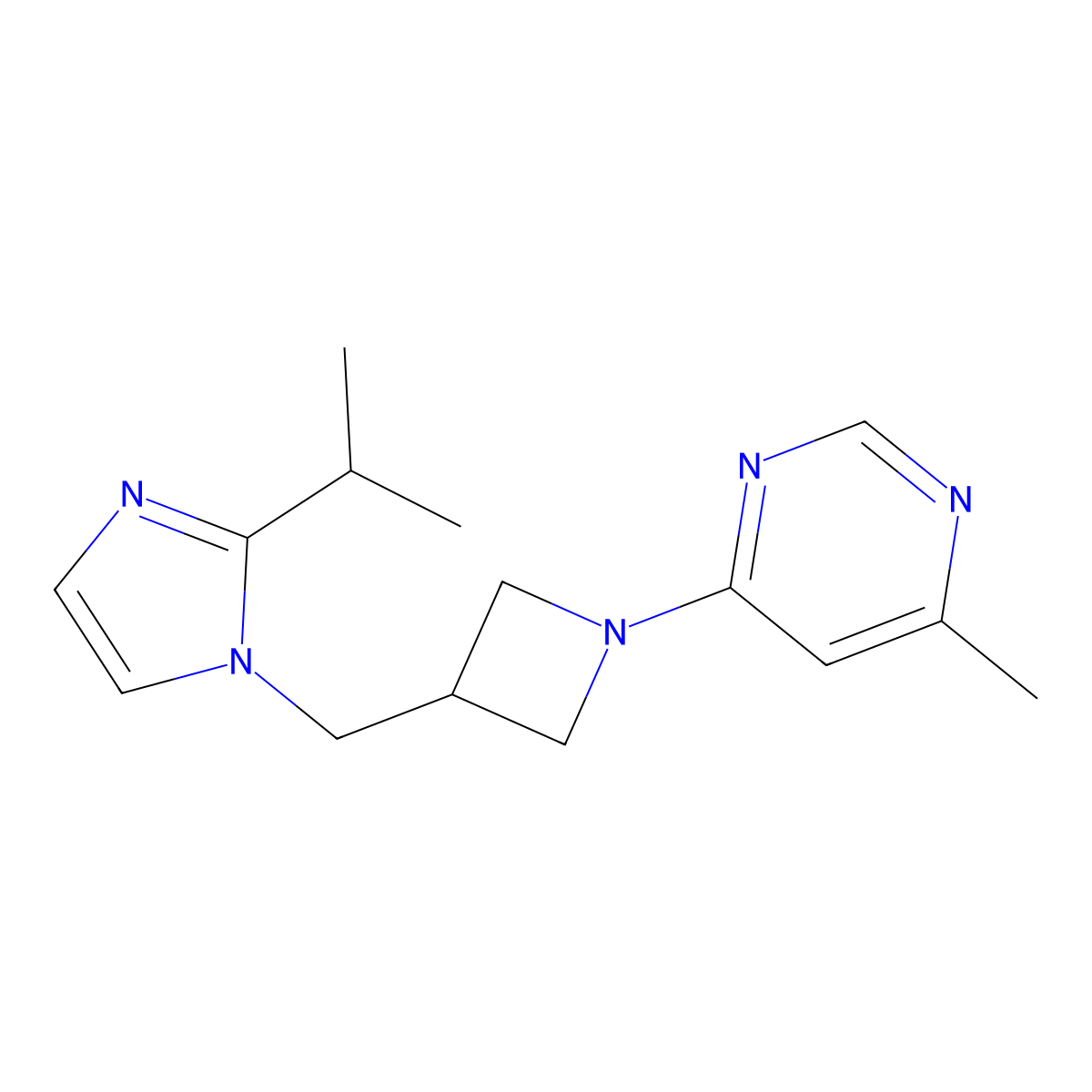 4-Methyl-6-[3-[(2-propan-2-ylimidazol-1-yl)methyl]azetidin-1-yl]pyrimidine molecular structure, CAS 2742064-66-8