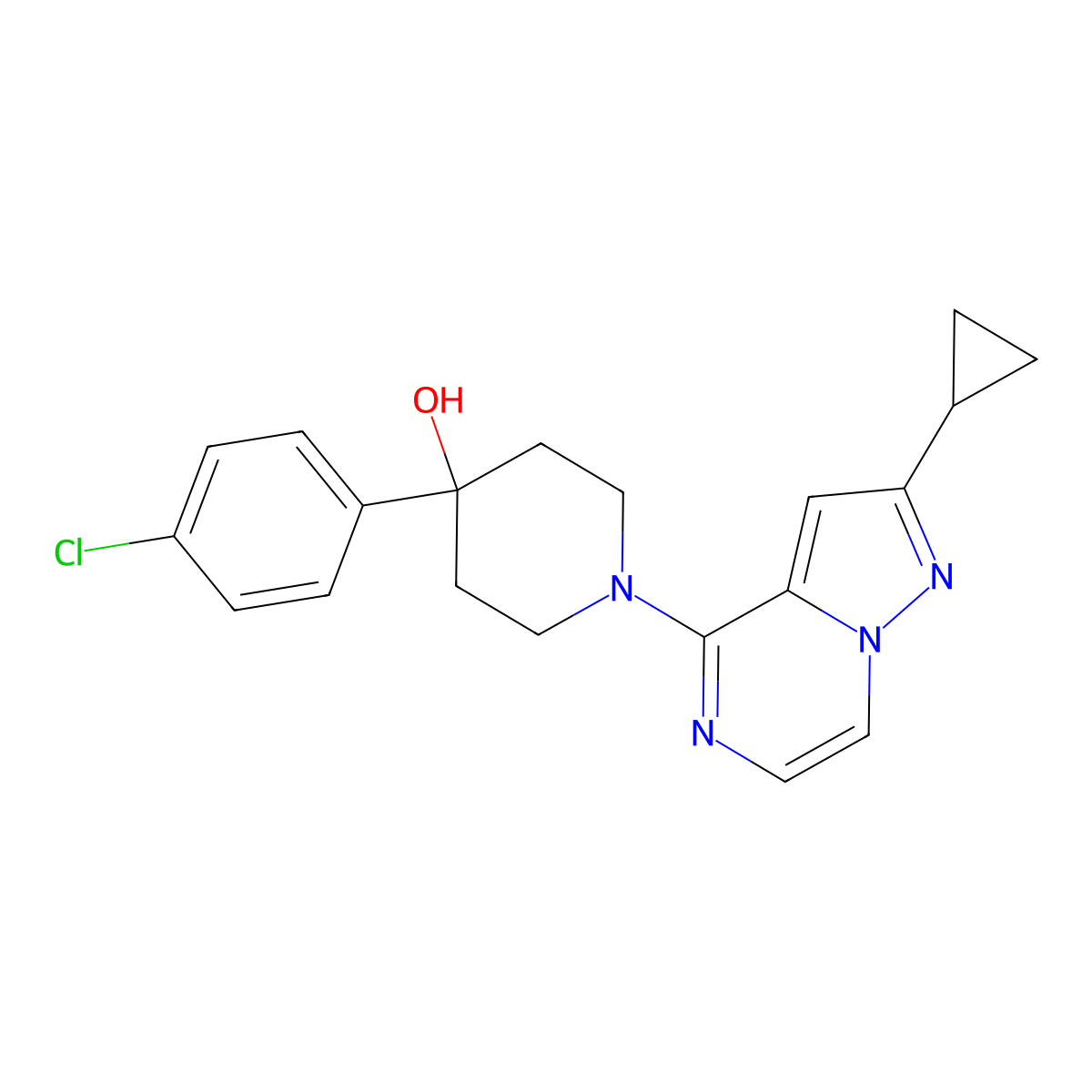 4-(4-Chlorophenyl)-1-{2-cyclopropylpyrazolo[1,5-a]pyrazin-4-yl}piperidin-4-ol molecular structure, CAS 2742064-70-4