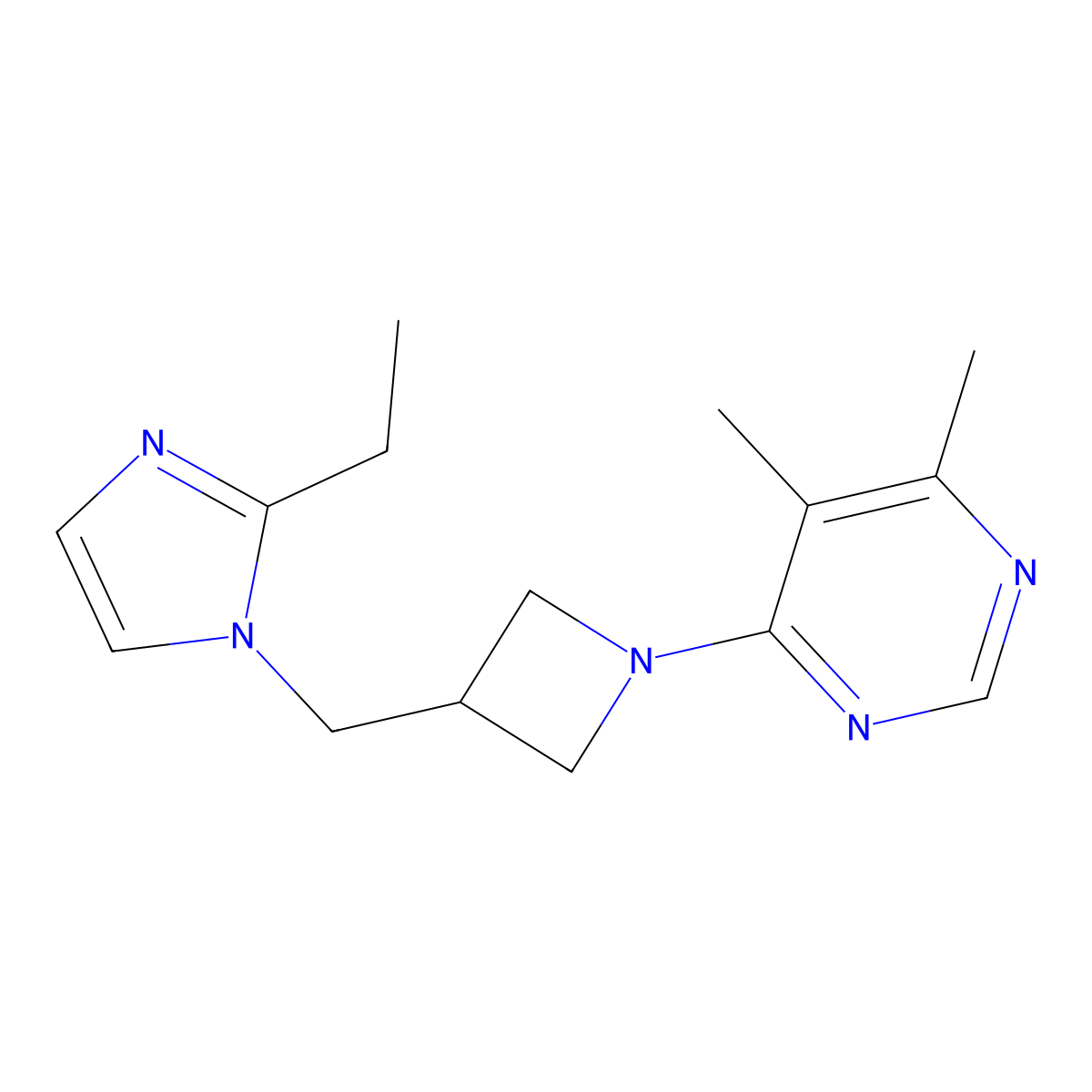 4-{3-[(2-ethyl-1H-imidazol-1-yl)methyl]azetidin-1-yl}-5,6-dimethylpyrimidine molecular structure, CAS 2742064-74-8