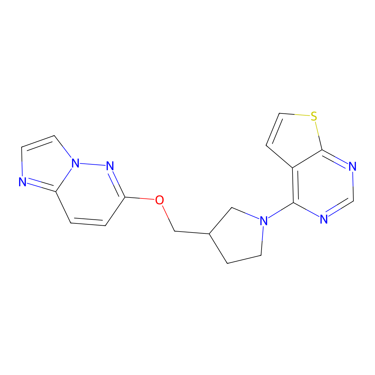 3-({Imidazo[1,2-b]pyridazin-6-yloxy}methyl)-1-{thieno[2,3-d]pyrimidin-4-yl}pyrrolidine molecular structure, CAS 2742064-75-9