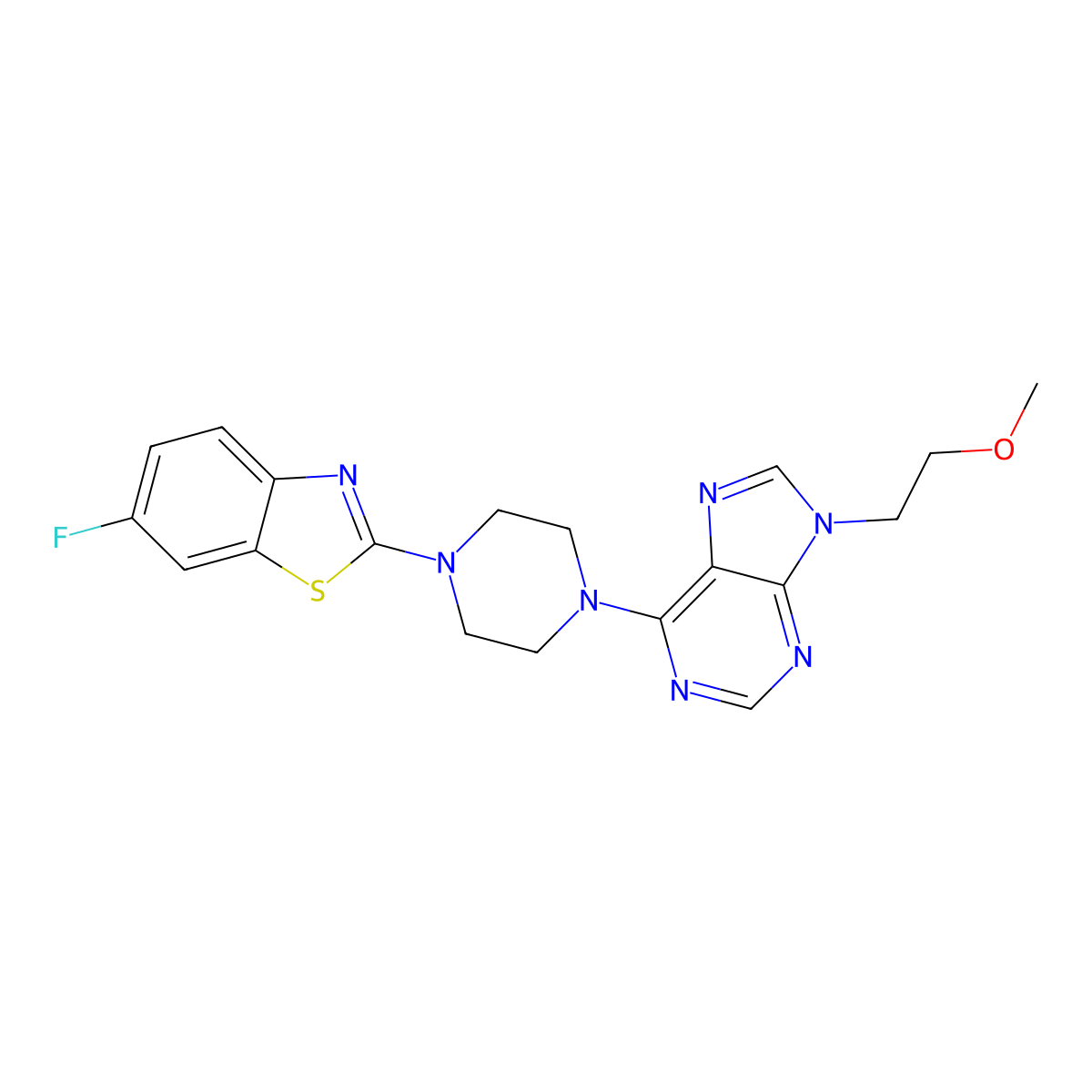 6-[4-(6-fluoro-1,3-benzothiazol-2-yl)piperazin-1-yl]-9-(2-methoxyethyl)-9H-purine molecular structure, CAS 2742064-81-7