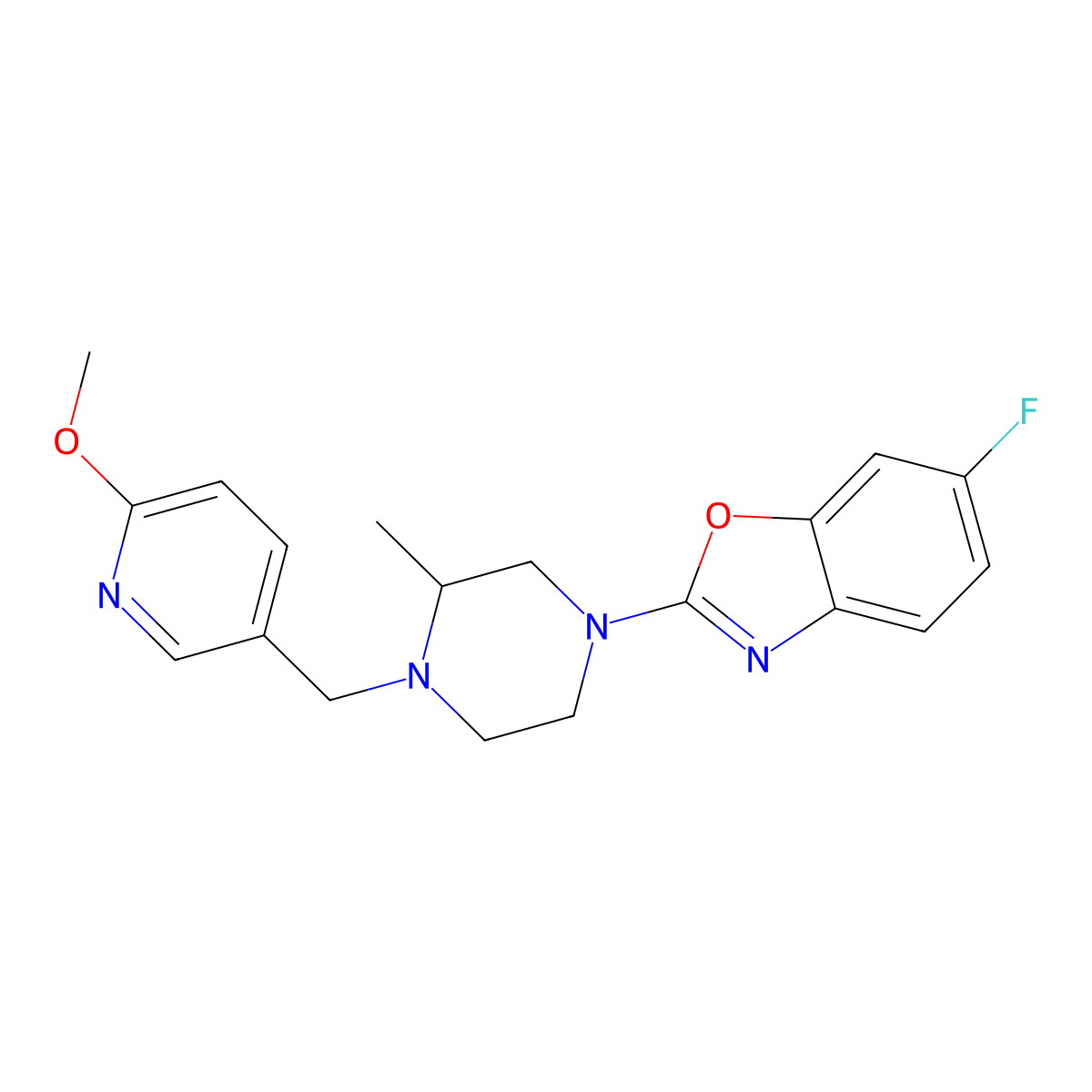 6-Fluoro-2-{4-[(6-methoxypyridin-3-yl)methyl]-3-methylpiperazin-1-yl}-1,3-benzoxazole molecular structure, CAS 2742064-82-8