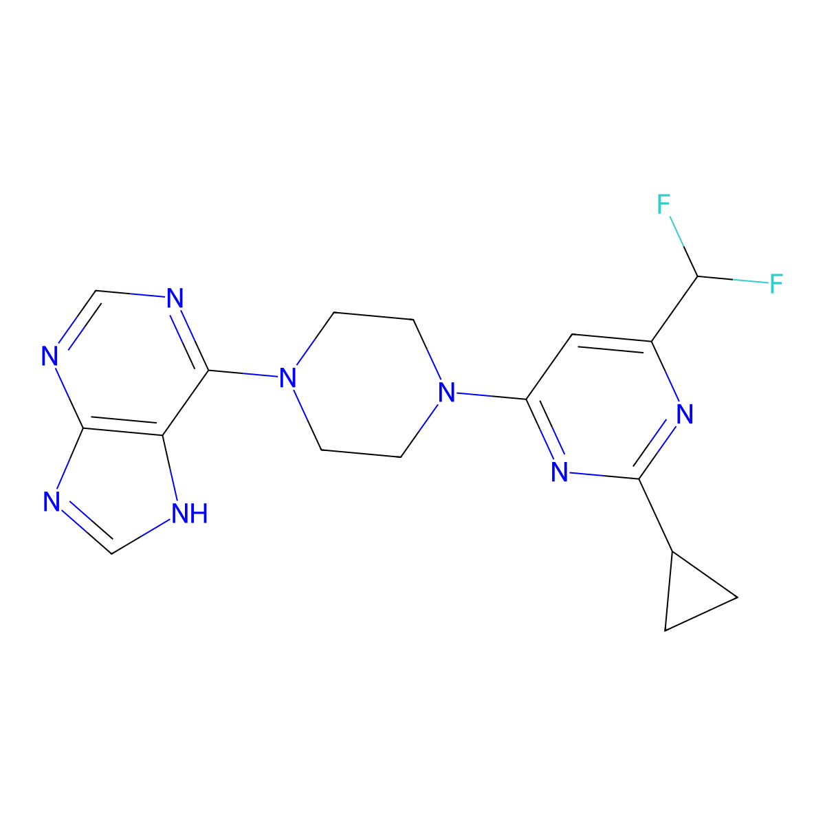6-{4-[2-cyclopropyl-6-(difluoromethyl)pyrimidin-4-yl]piperazin-1-yl}-9H-purine molecular structure, CAS 2742064-83-9