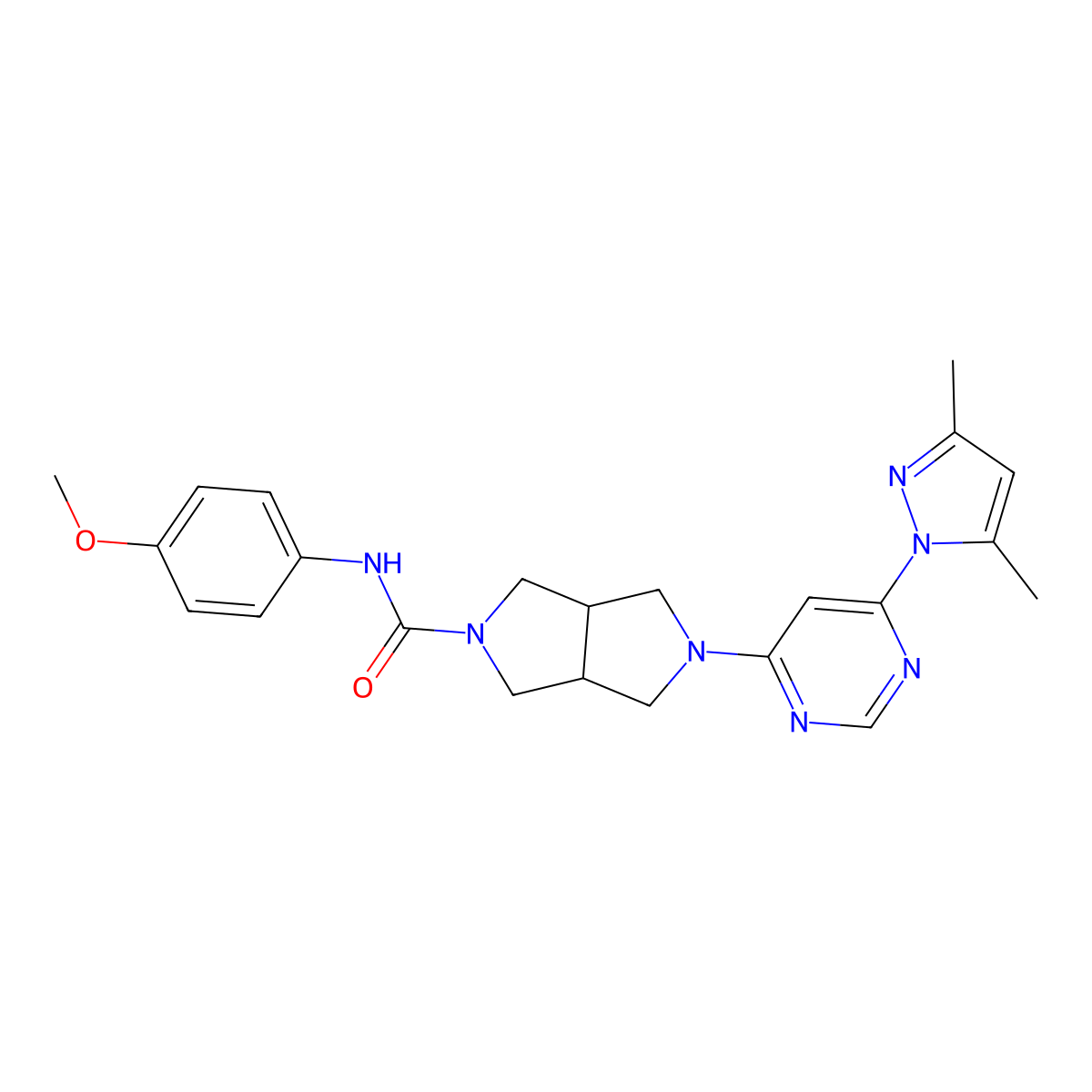 5-[6-(3,5-dimethyl-1H-pyrazol-1-yl)pyrimidin-4-yl]-N-(4-methoxyphenyl)-octahydropyrrolo[3,4-c]pyrrole-2-carboxamide molecular structure, CAS 2742064-87-3